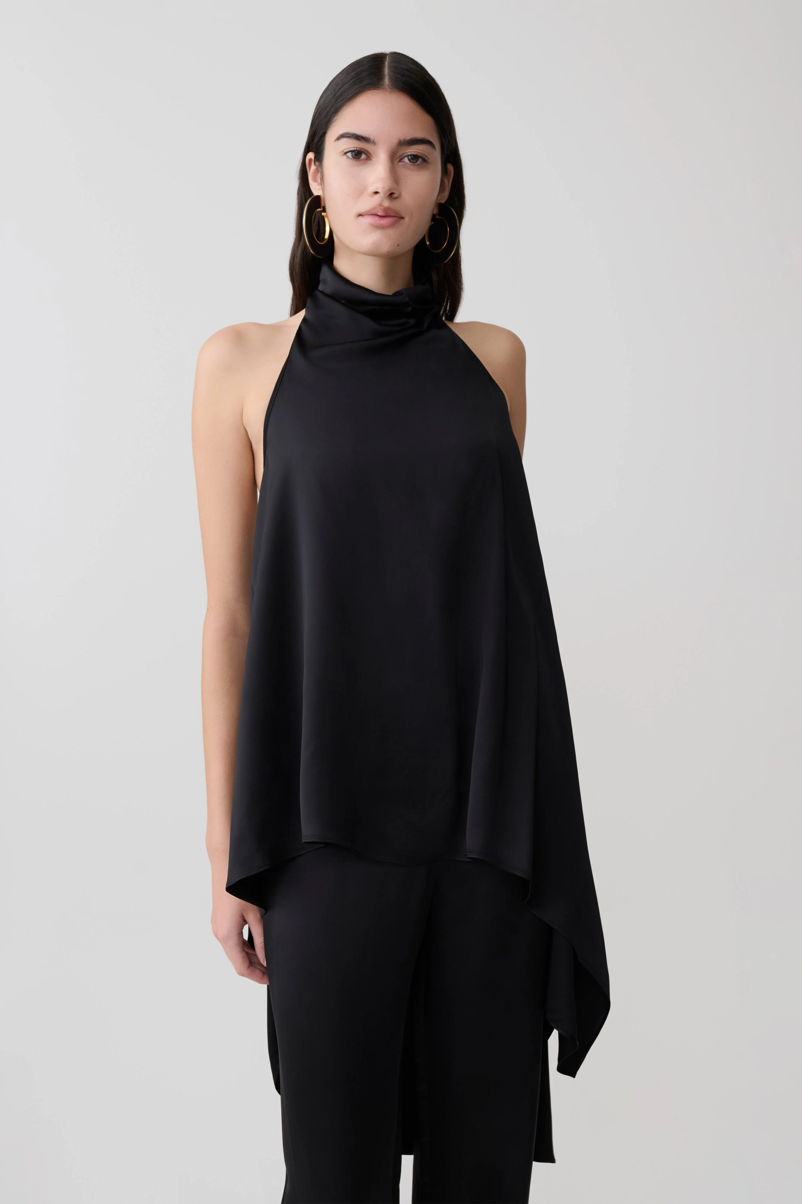 Sydney Asymmetrical Satin Halter Top - Black