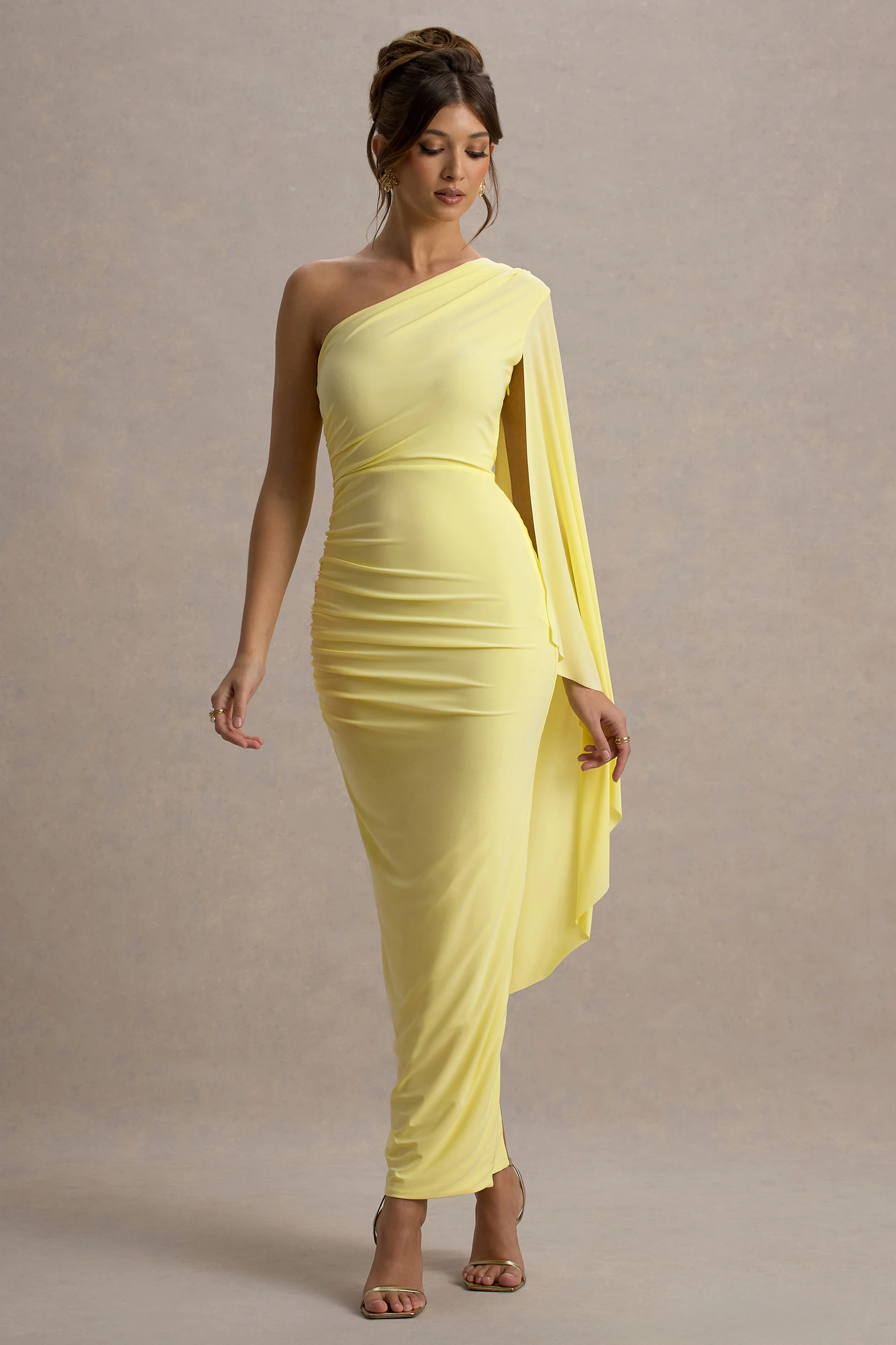 Clementina | Lemon Asymmetric Cape Sleeve Maxi Dress