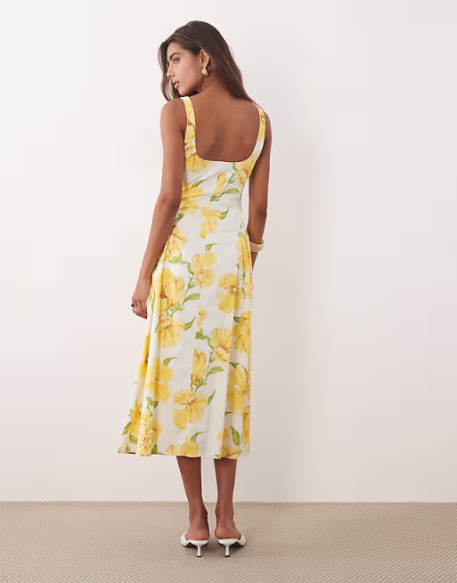 Mango cotton mix scoop neck maxi dress in yellow floral print