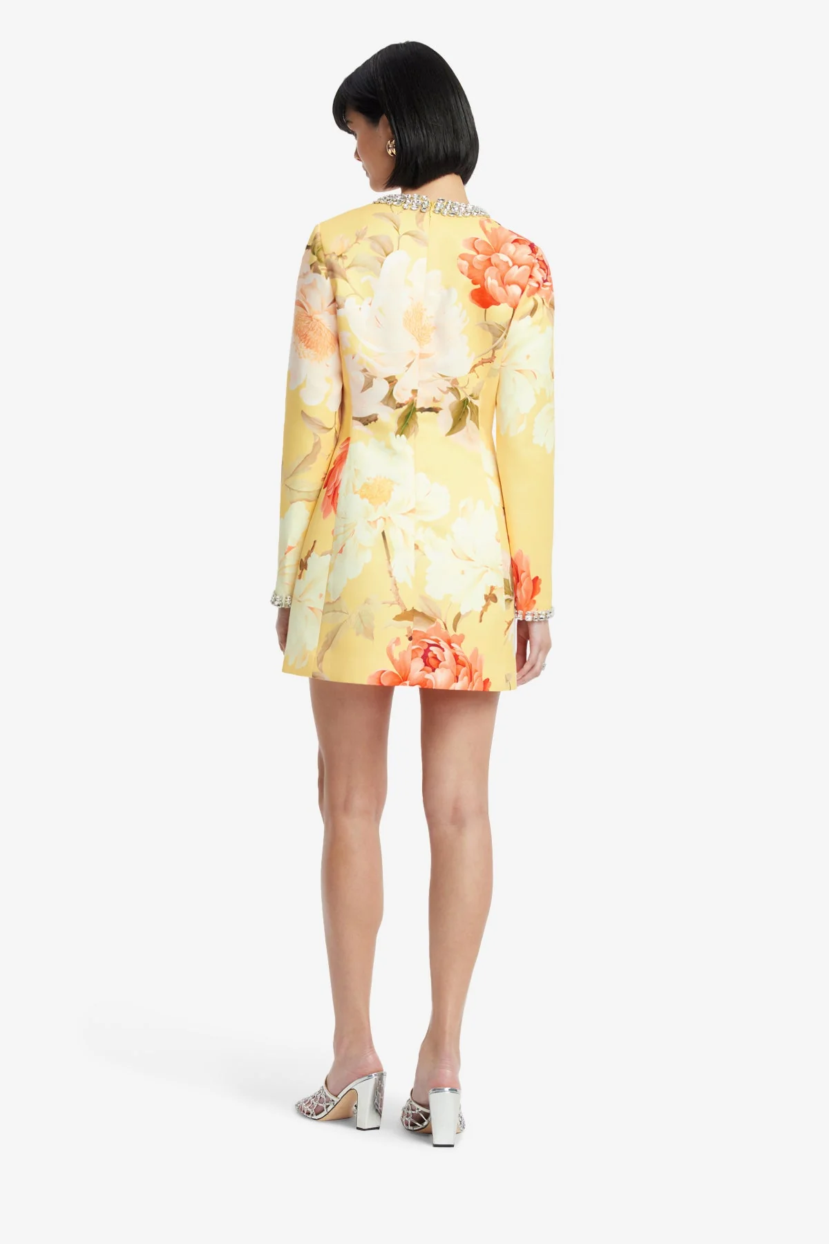 Aliza Embellished Long Sleeve Mini Dress - Peony Print in Yellow