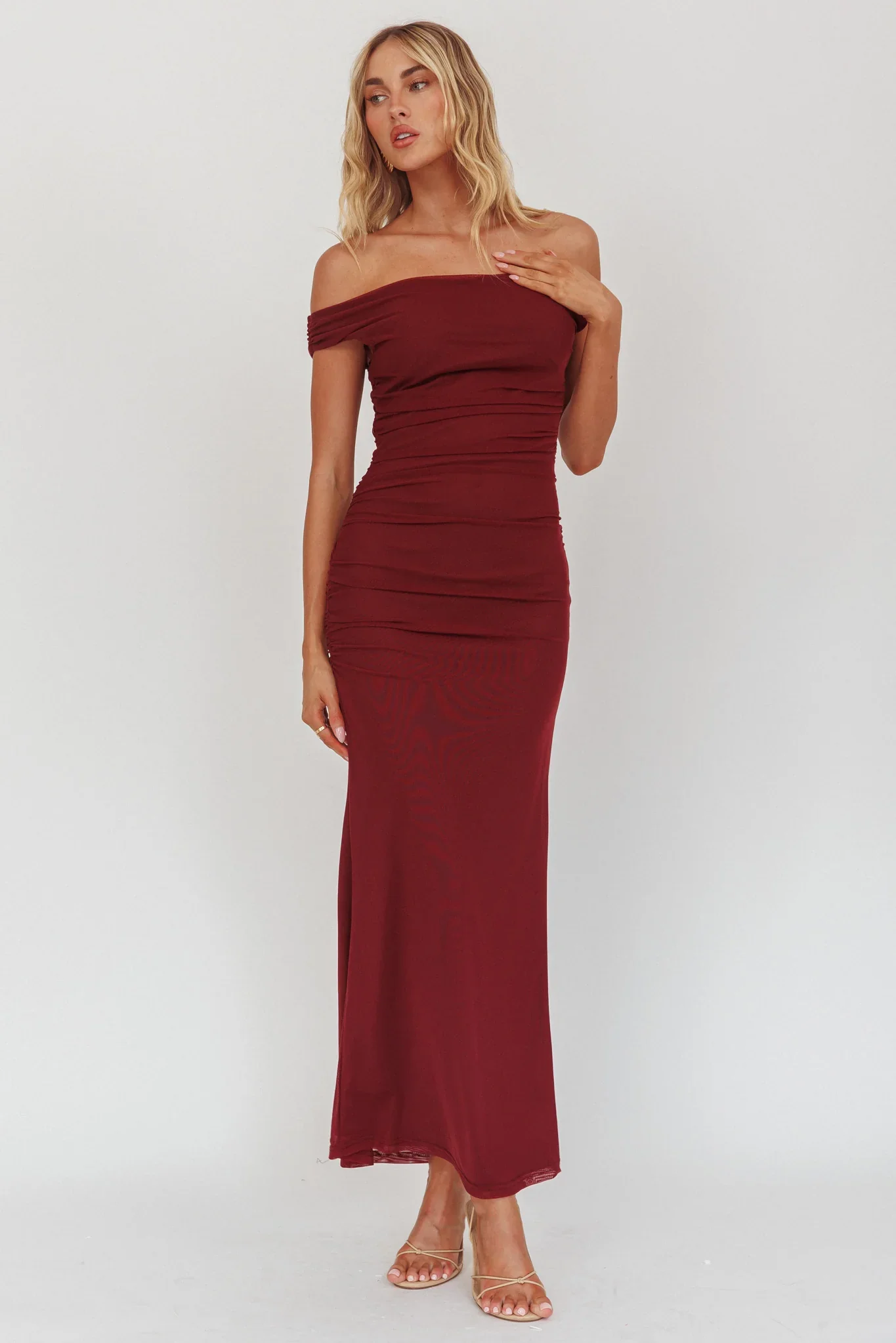In Blooms Off Shoulder Mesh Midi Dress Wine