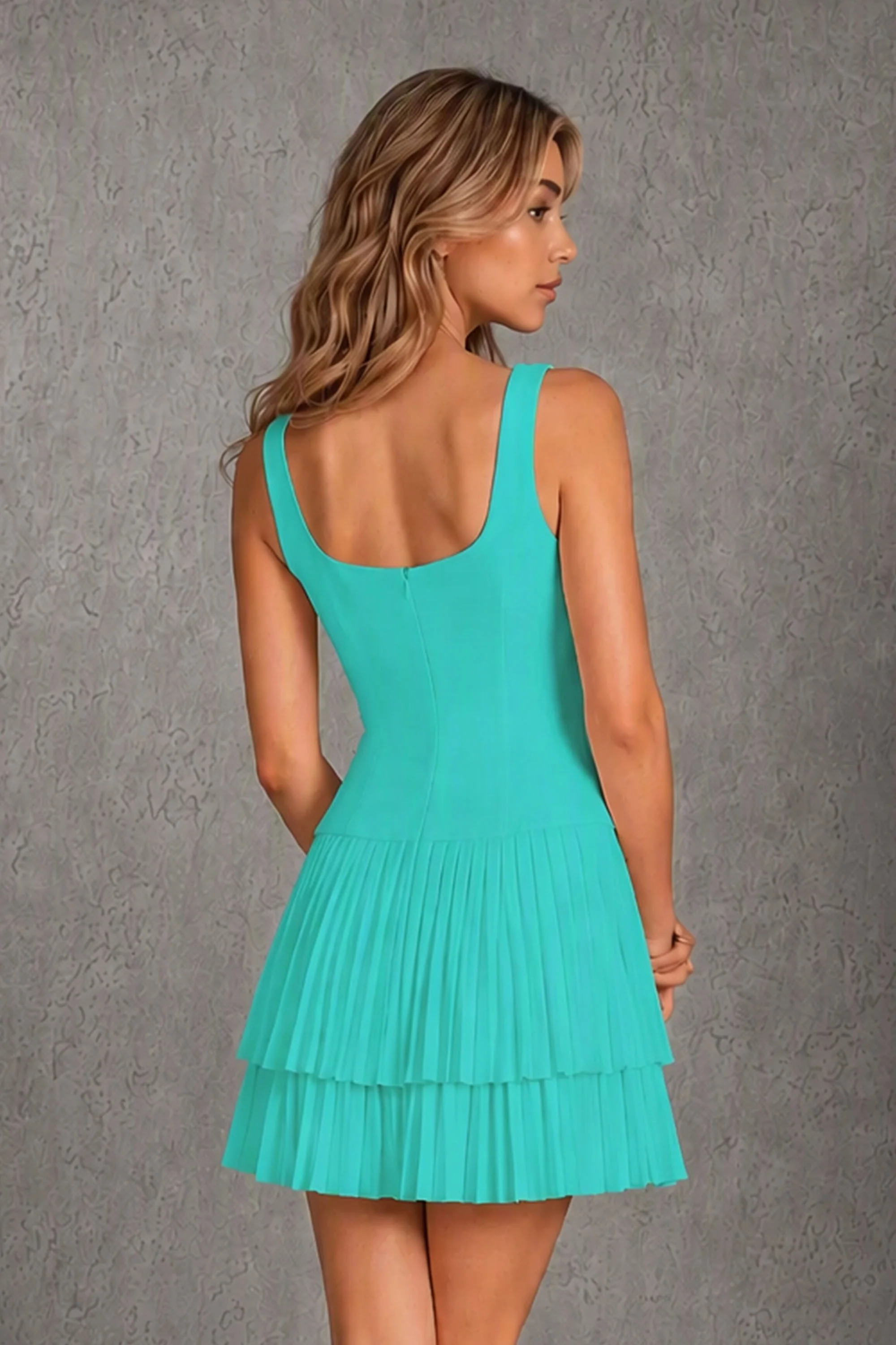 BOLODOO Turquoise Knit Square Neck Wide Strap Corset Bodice Tiered Pleated Mini Dress with Low Back