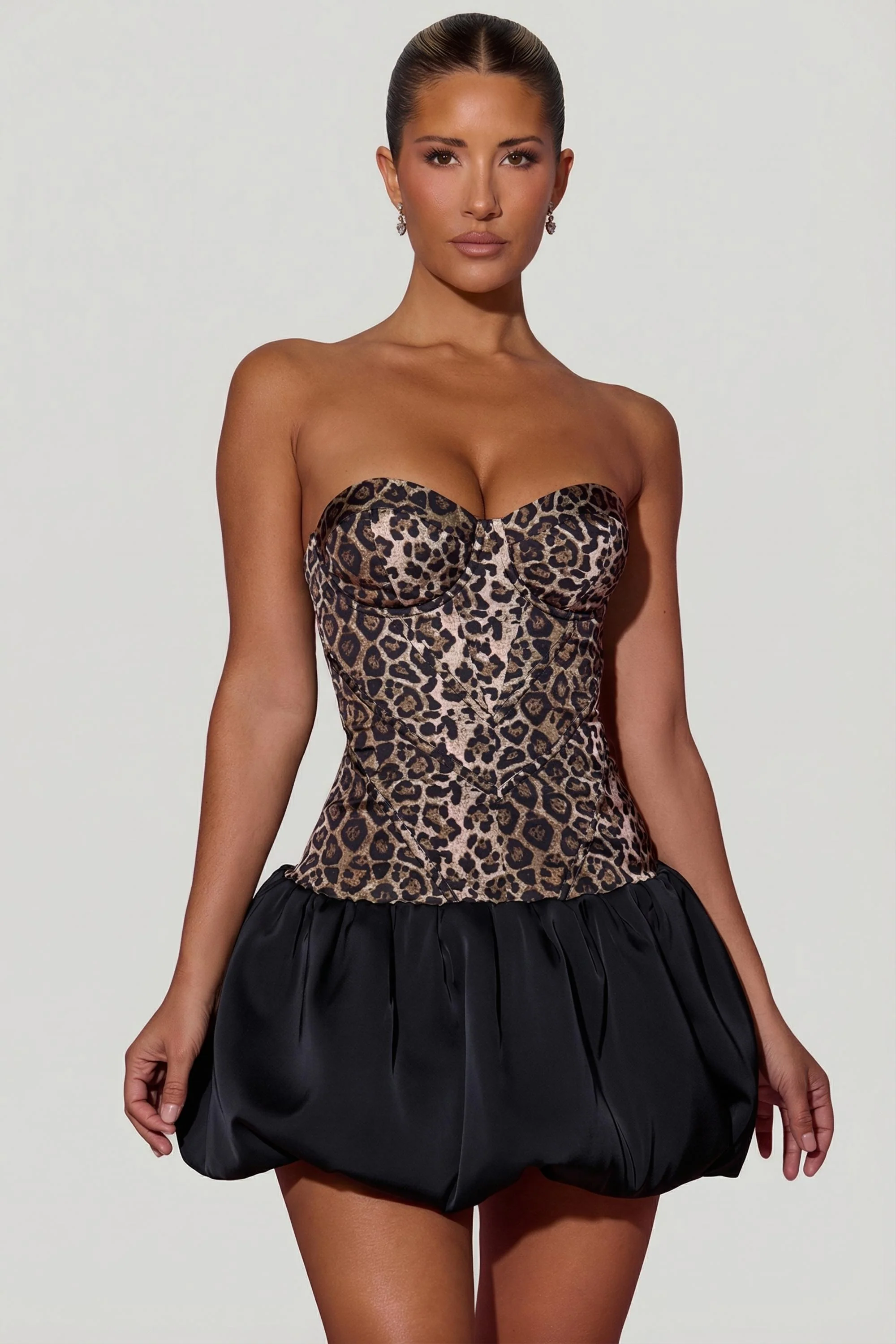 Cut-Out Bubble Hem Corset Mini Dress in Leopard Print