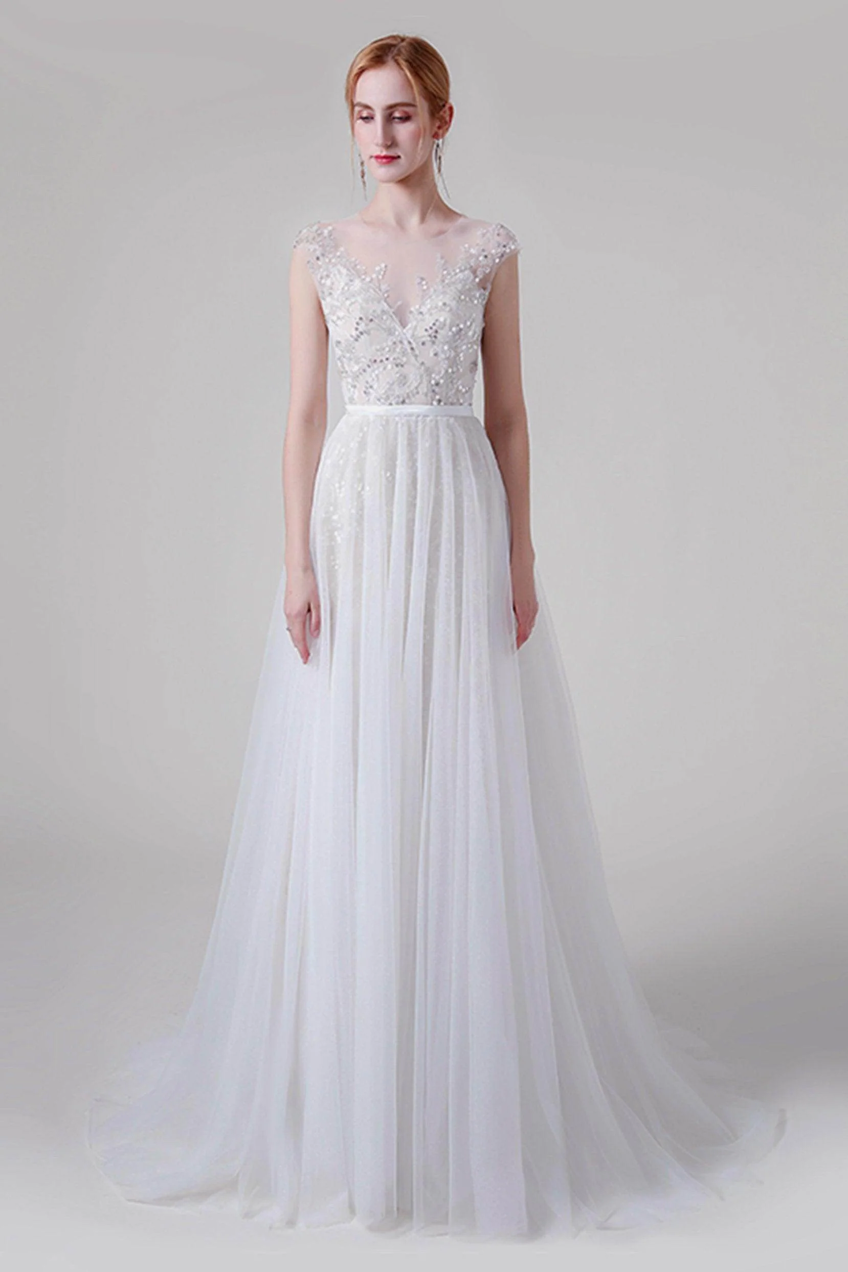A-Line Sweep-Brush Train Lace Tulle Wedding Dress CW2739