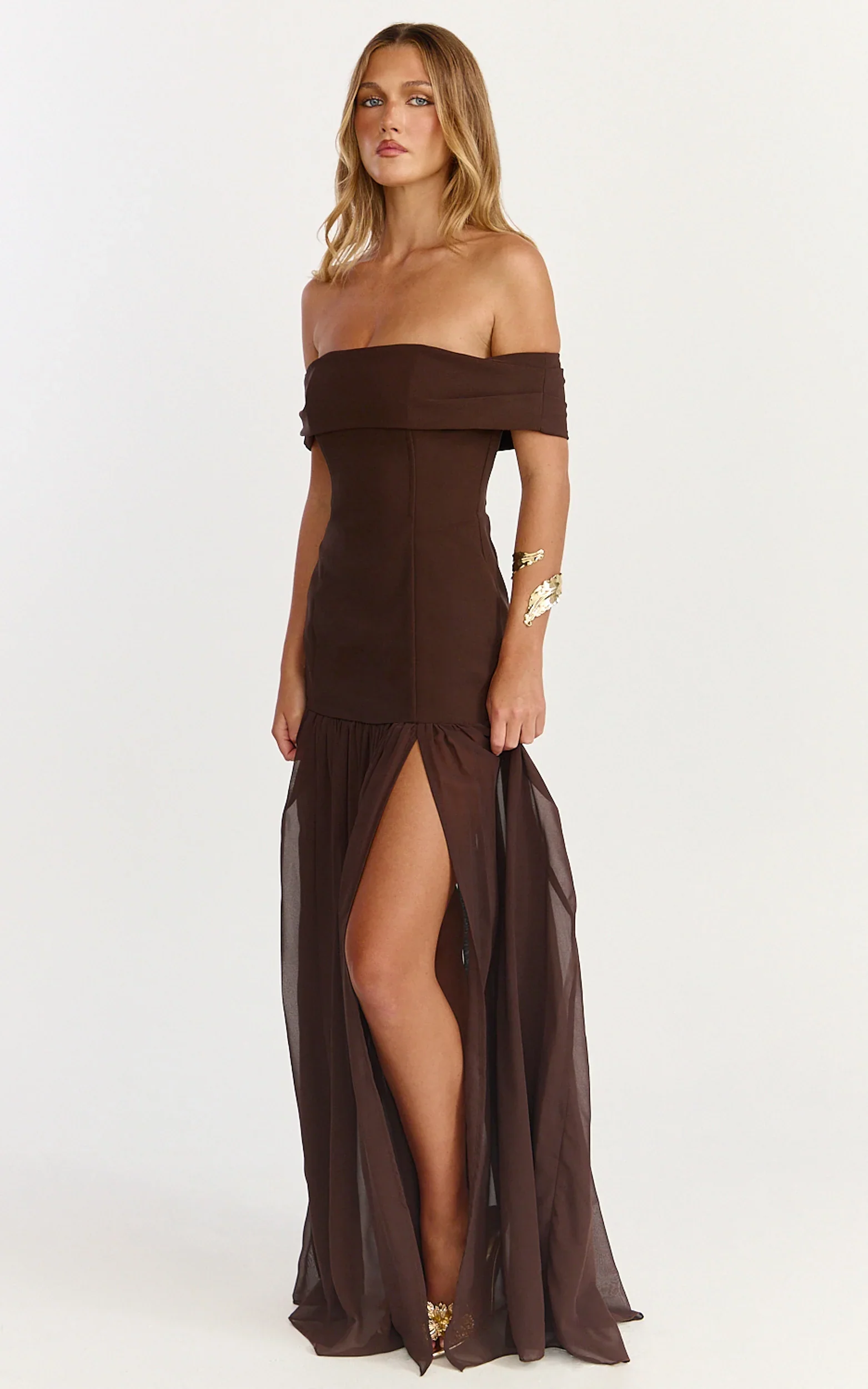 Florence Maxi Dress - Off Shoulder Sheer Skirt Dress in Chocolate