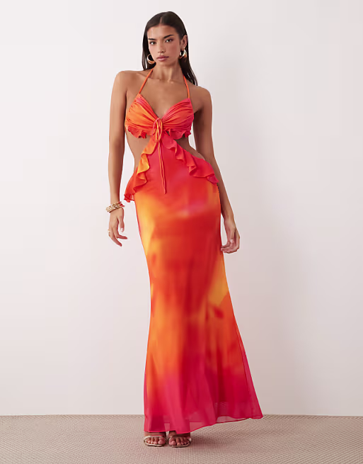 Wanderdoll Lola halterneck ruffle cut out detail maxi dress in pink ombre