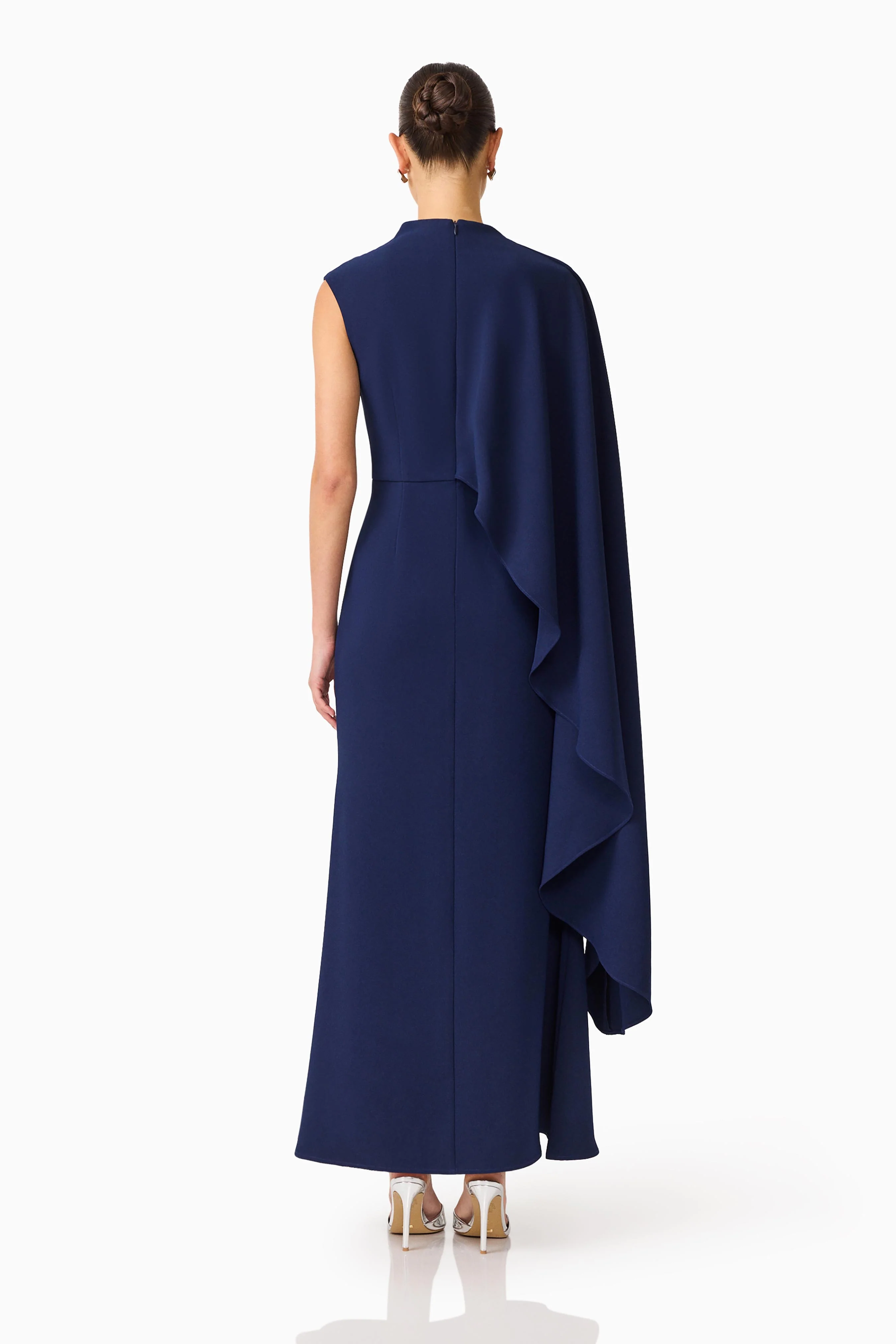 Leonara Asymmetric Cape Maxi Dress in Deep Navy