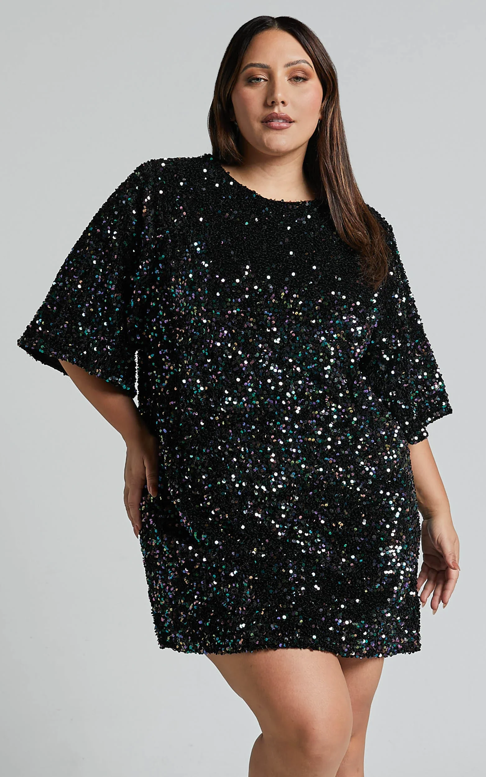 Valetta Mini Dress - Sequin low back shift dress in Midnight Blue Sequin