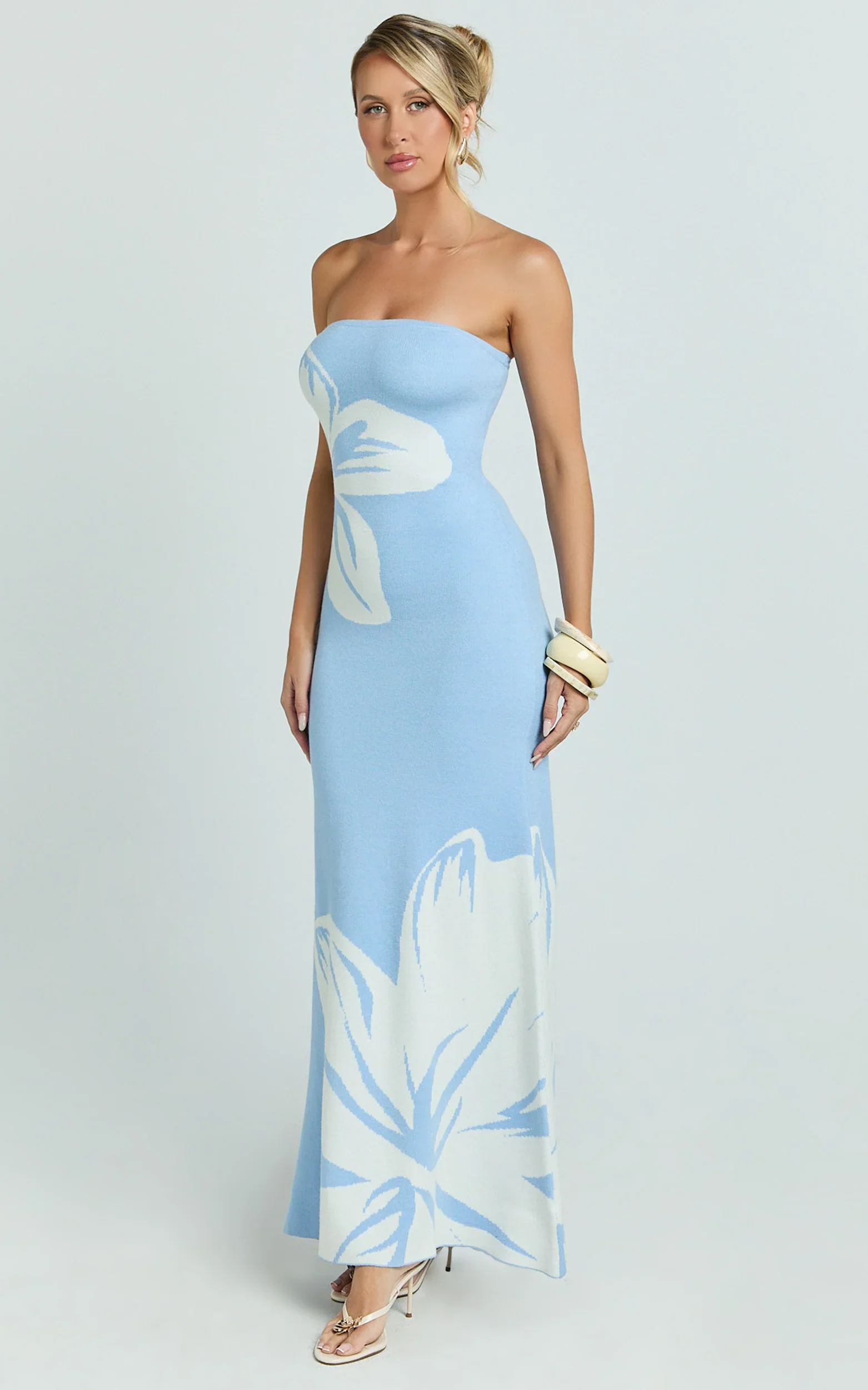 Amy Midi Dress - Knit Strapless Column Dress in Intarsia Print