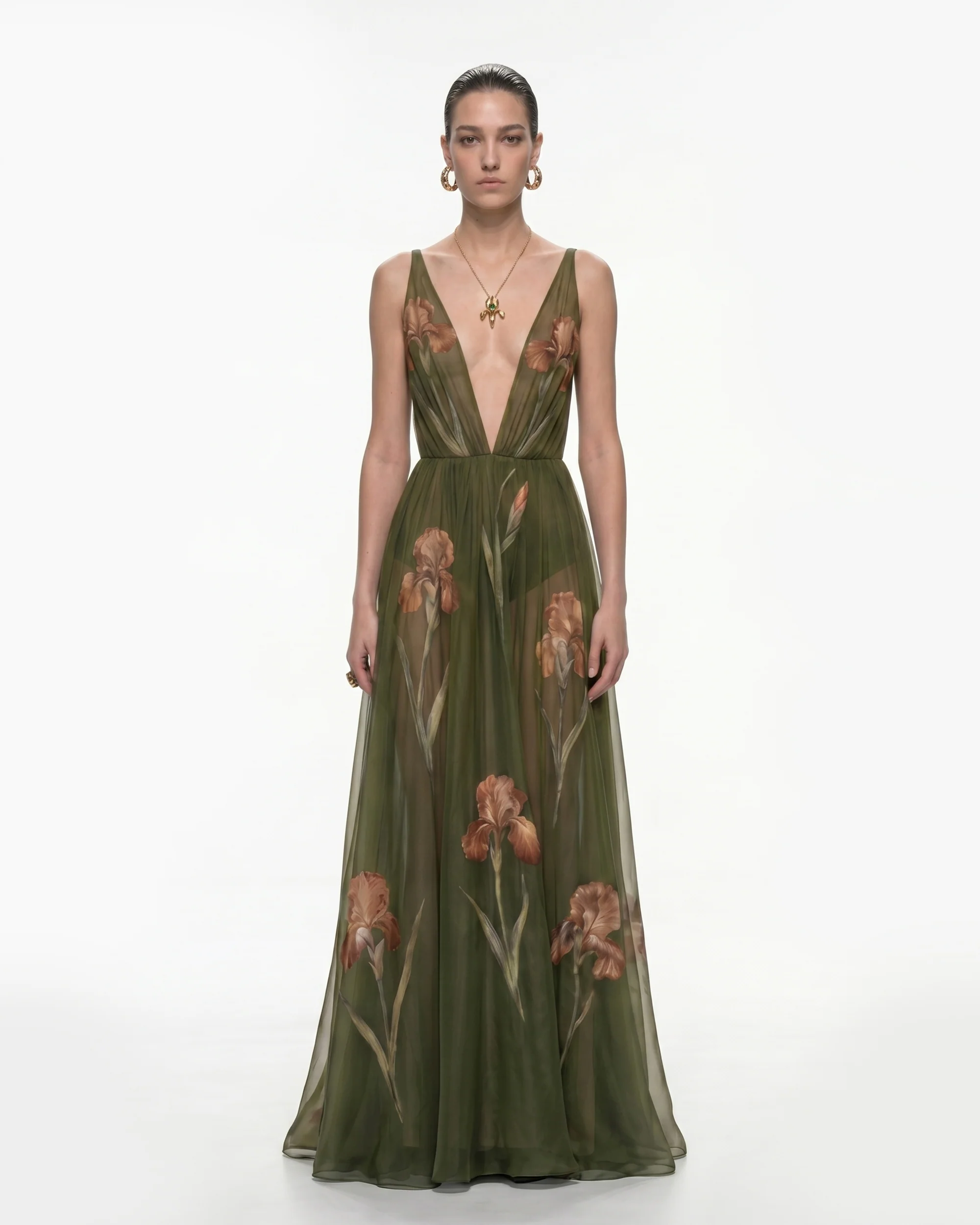 Sheer Floral Print Maxi Dress - Olive