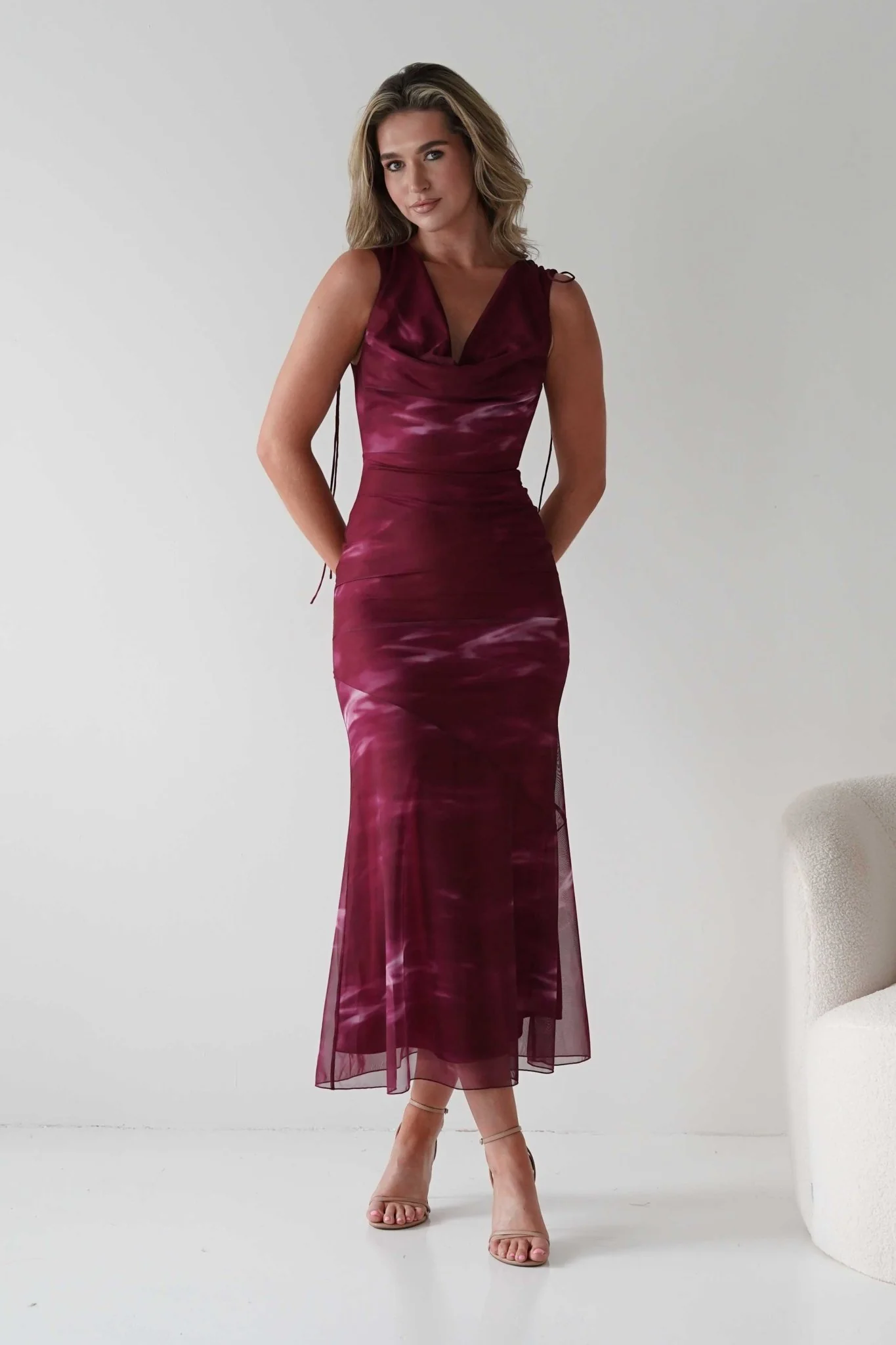 Drew Mesh Printed Maxi Dress | Wine Print