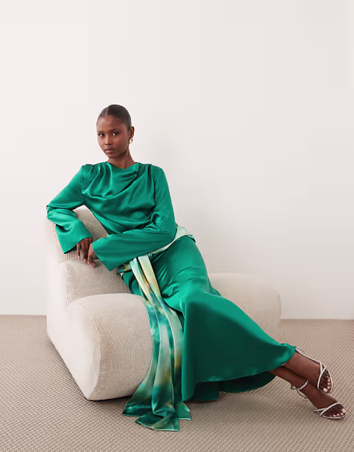 Daska satin drape maxi dress with contrast tie detail in green