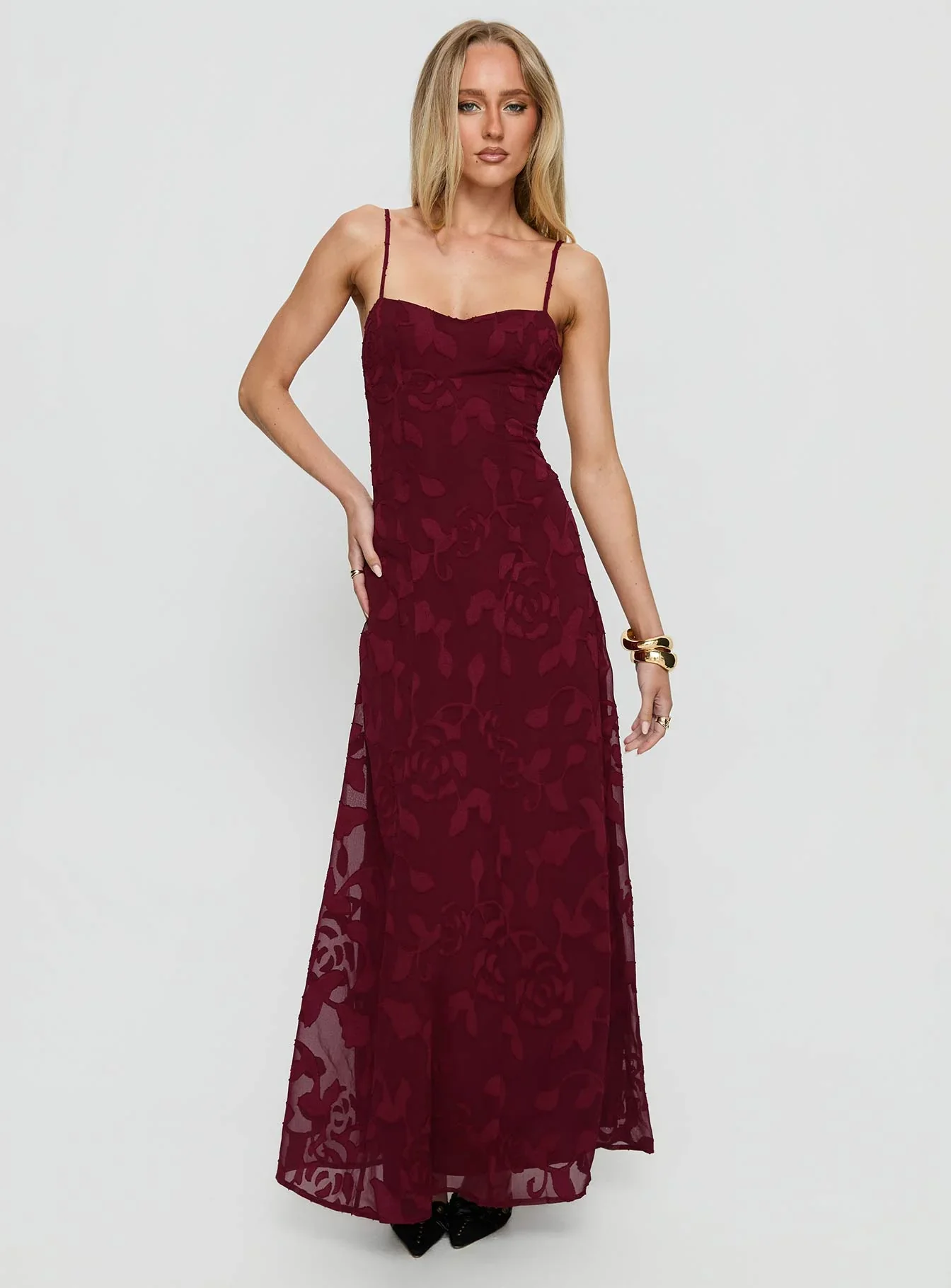 Leading Lady Sweetheart Maxi Dress Red Floral Burnout