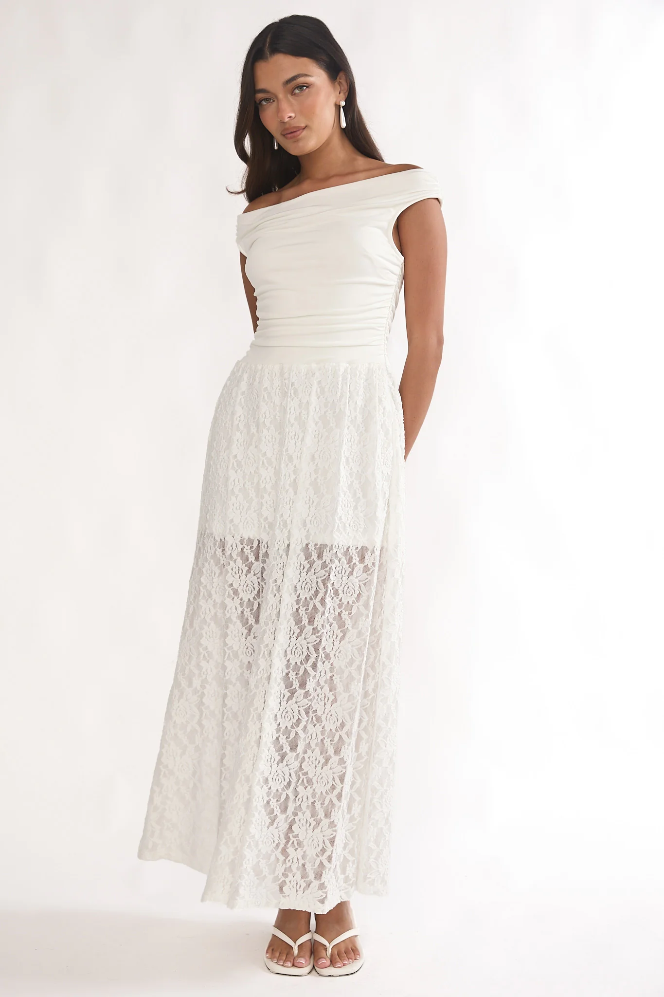 In Blooms Off-Shoulder Lace Maxi Dress White