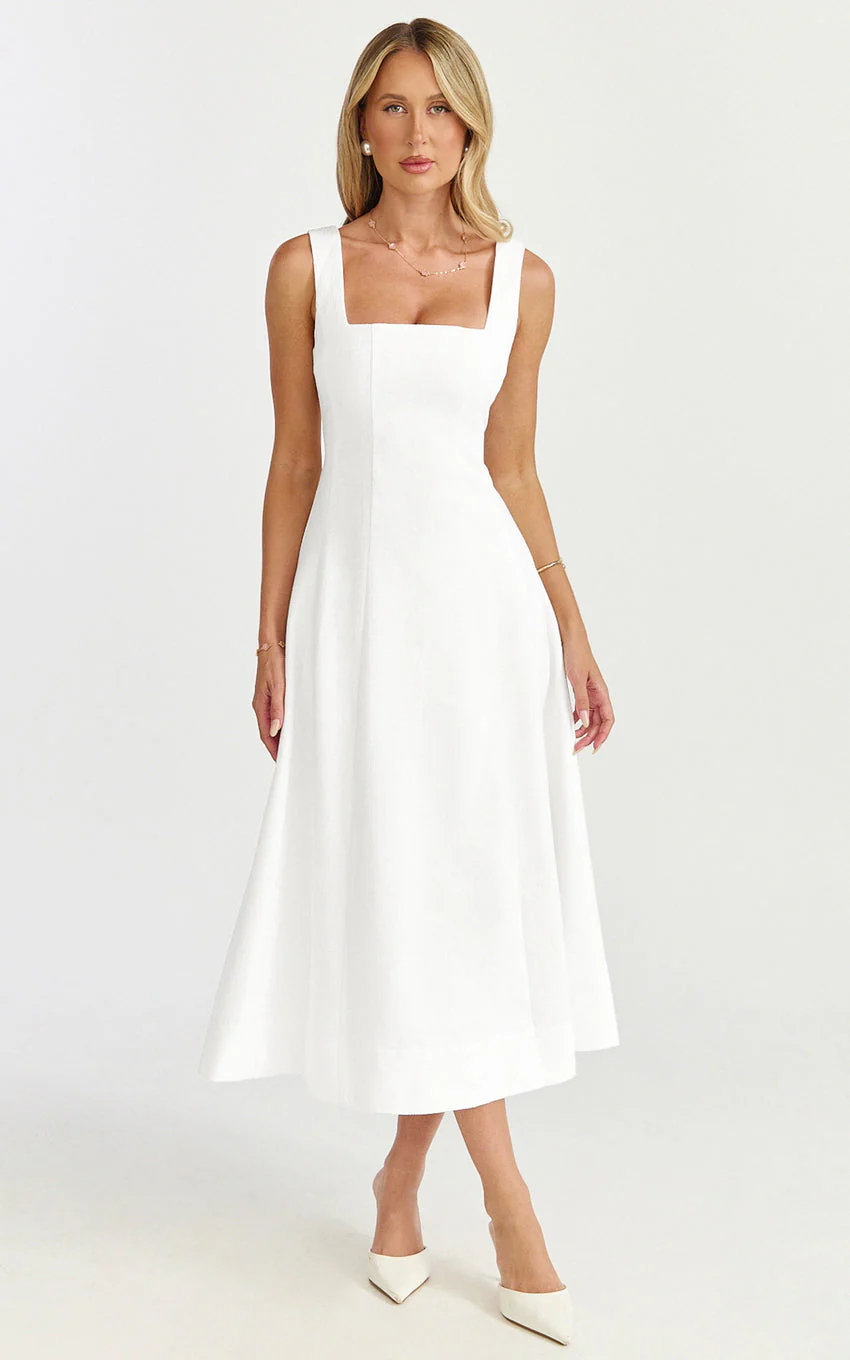 Walters Midi Dress - Square Neck Shirred Back Fit and Flare Panel Dress in White - luluinthesky
