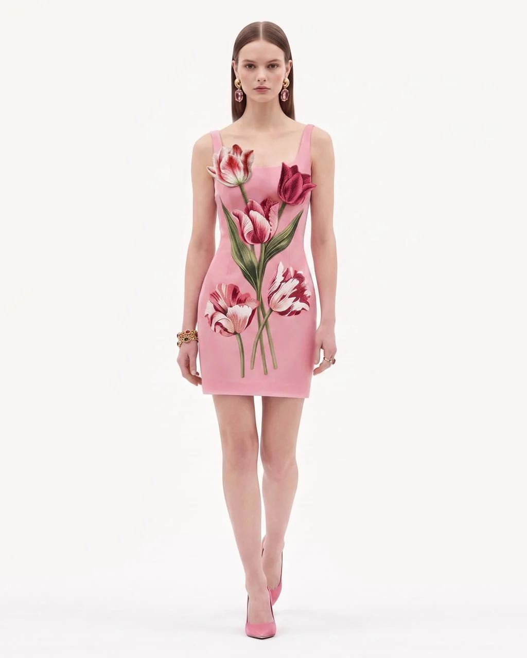 Tulip Appliqué Square-Neck Mini Dress - Rose Pink