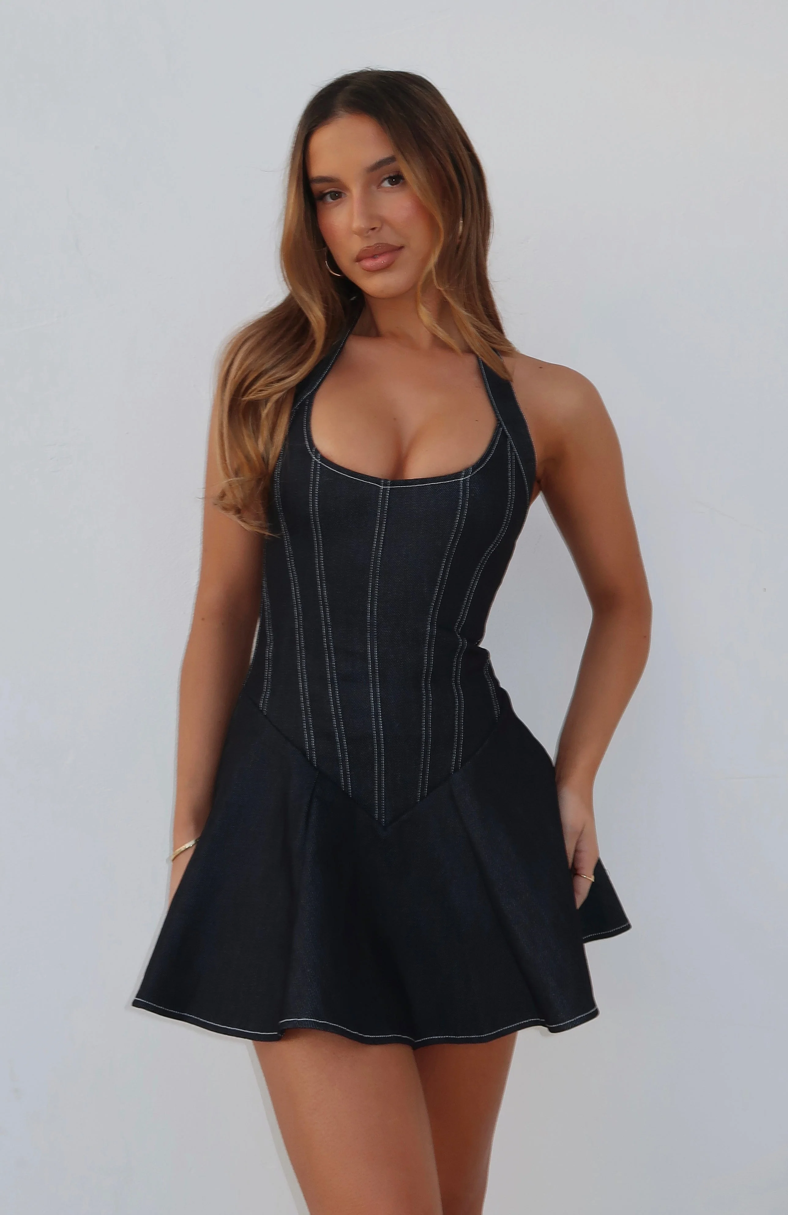 Looking At Me Halter Mini Dress Dark Indigo