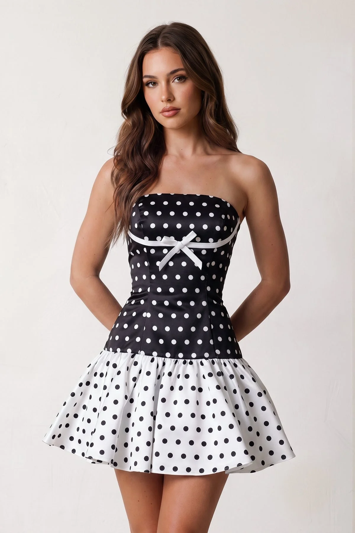 Blue Polka Dots Strapless A-Line Satin Homecoming Dress With Bow