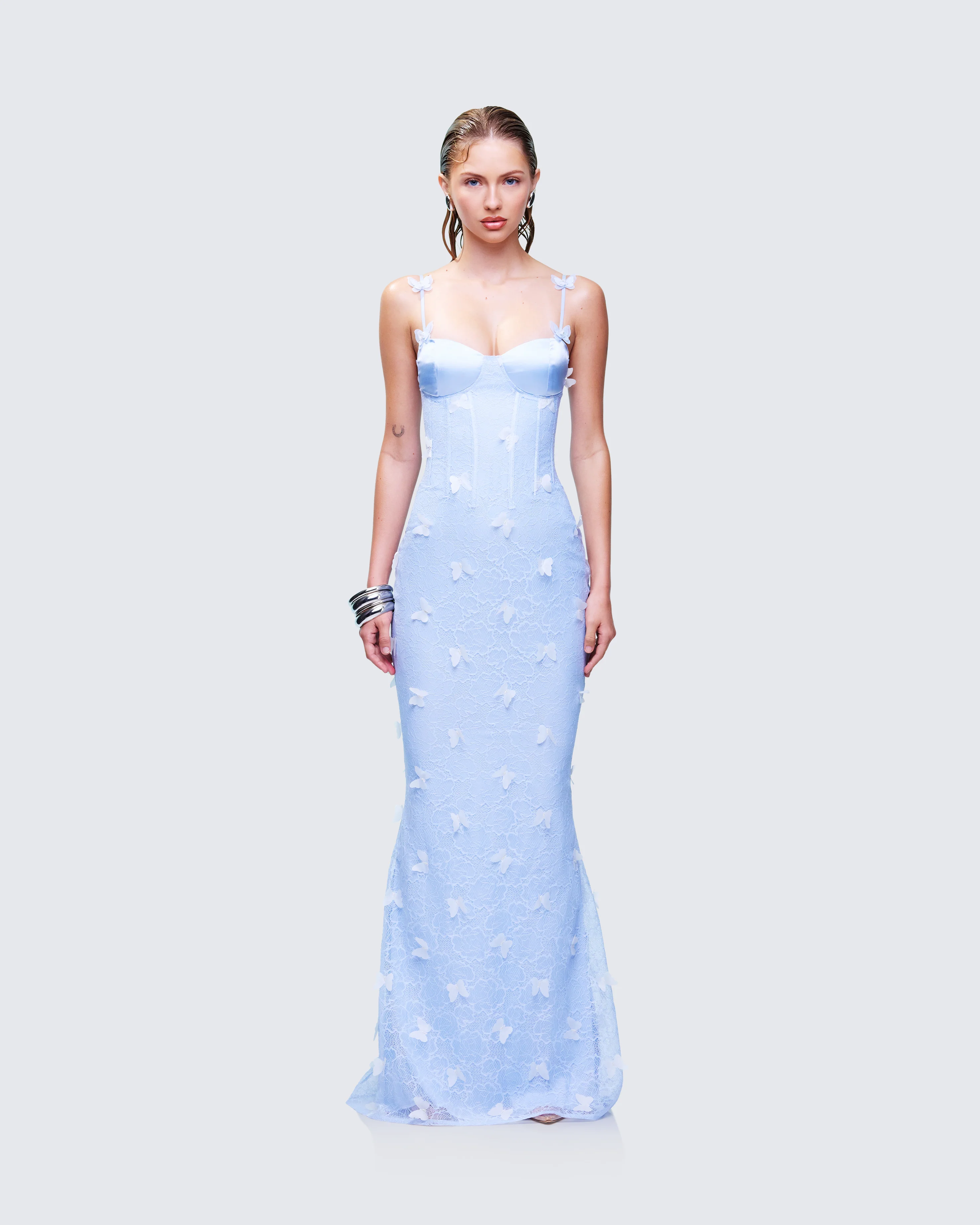 Alma Blue Butterfly Lace Maxi Dress