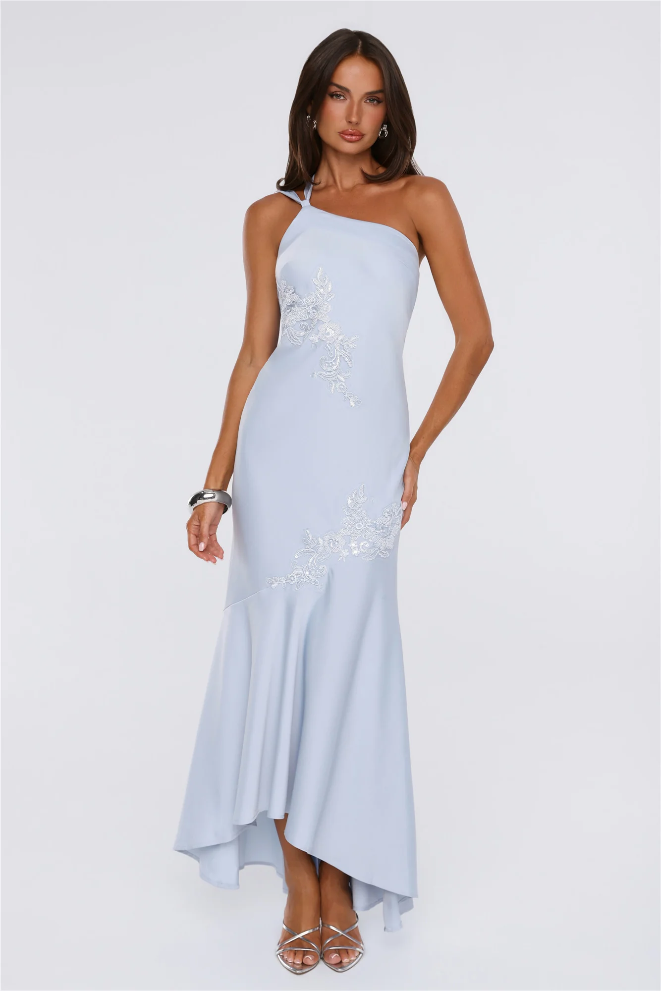 Jelly Glow One Shoulder Satin Maxi Dress Blue