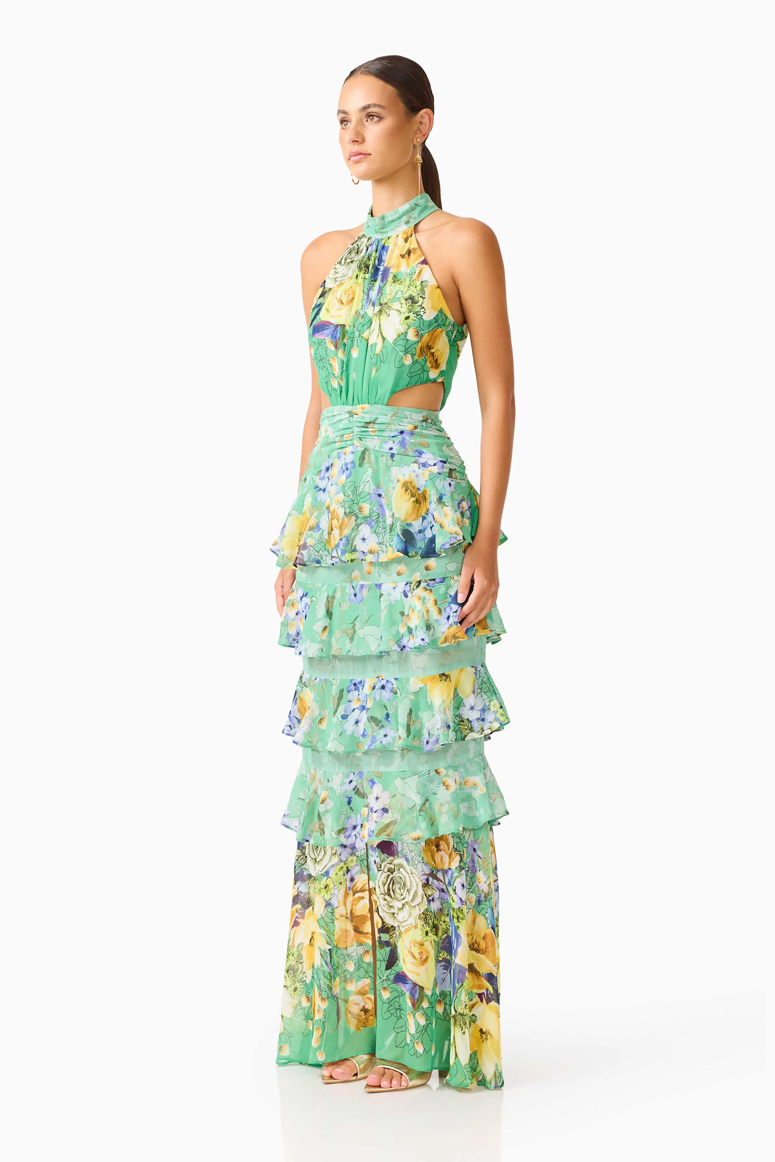 Gardenia Halter Maxi Gown In Green