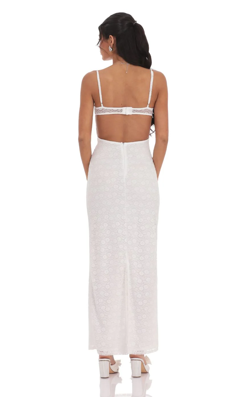 Lace Open Back Maxi Dress in White