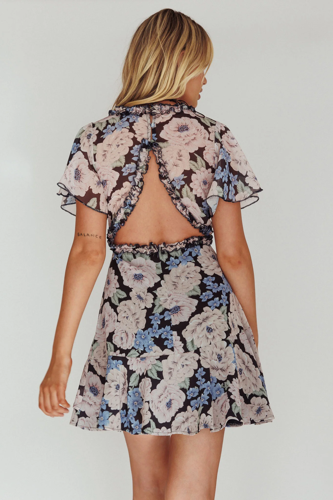 Laney Angel Sleeve Ruffle Dress Floral Blue