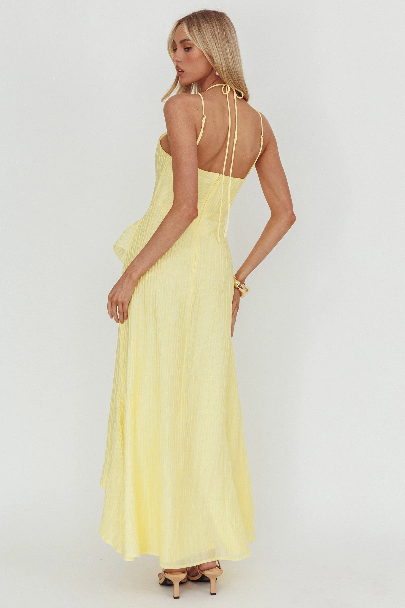 Nerisse Textured Frill Halter Maxi Dress Lemon