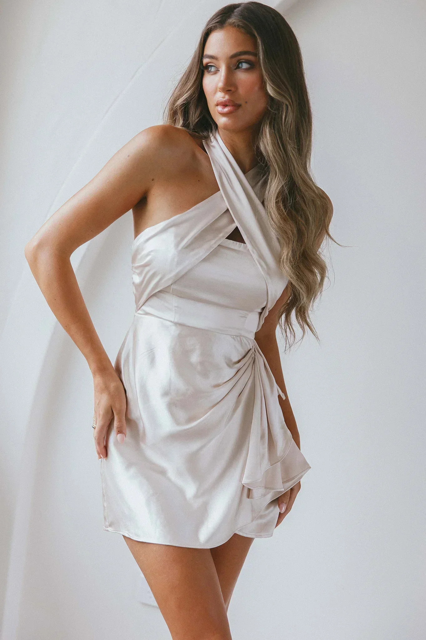 Stars Align Halterneck Satin Dress Champagne