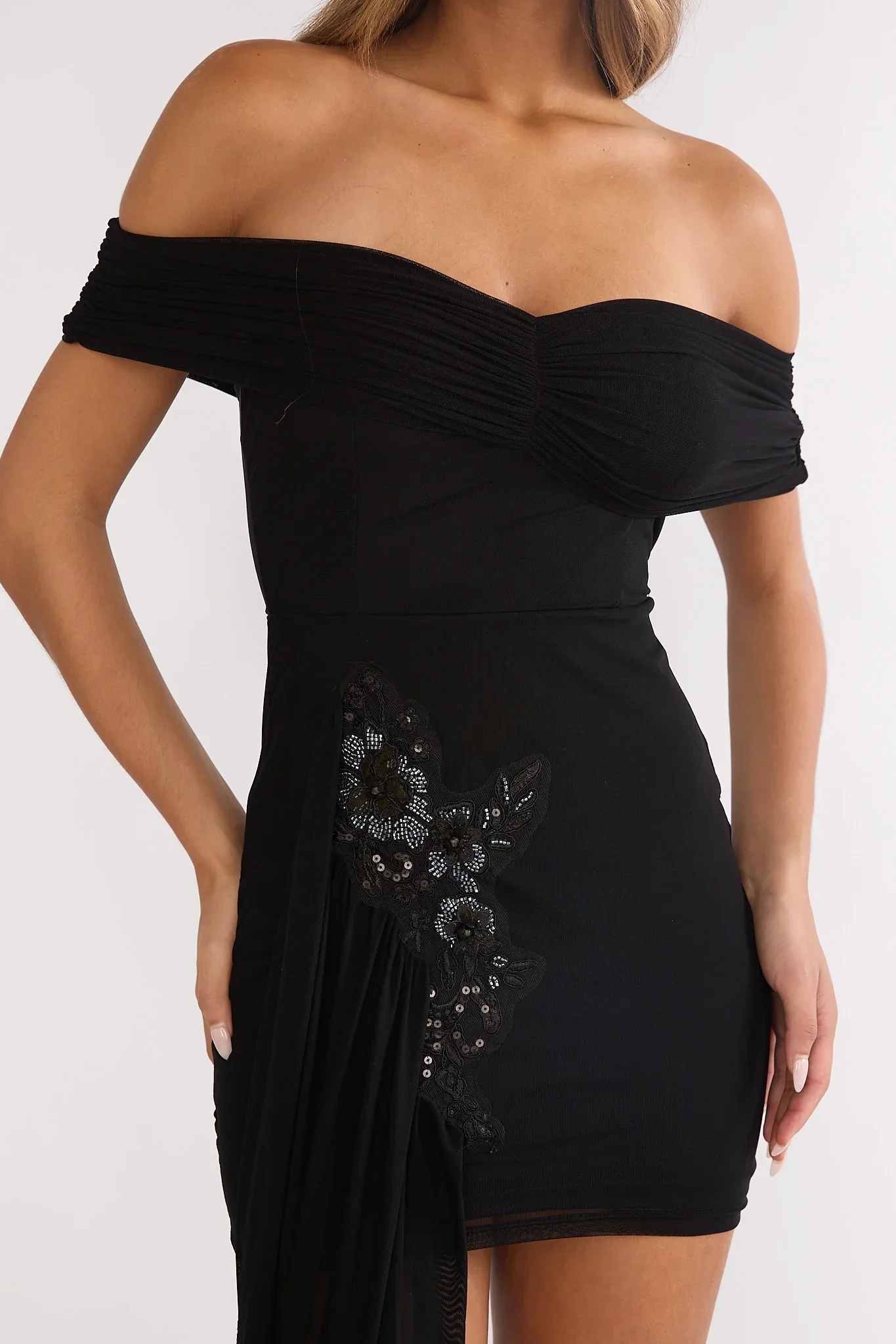 Dahlisse Off-Shoulder Sash Mini Dress Black