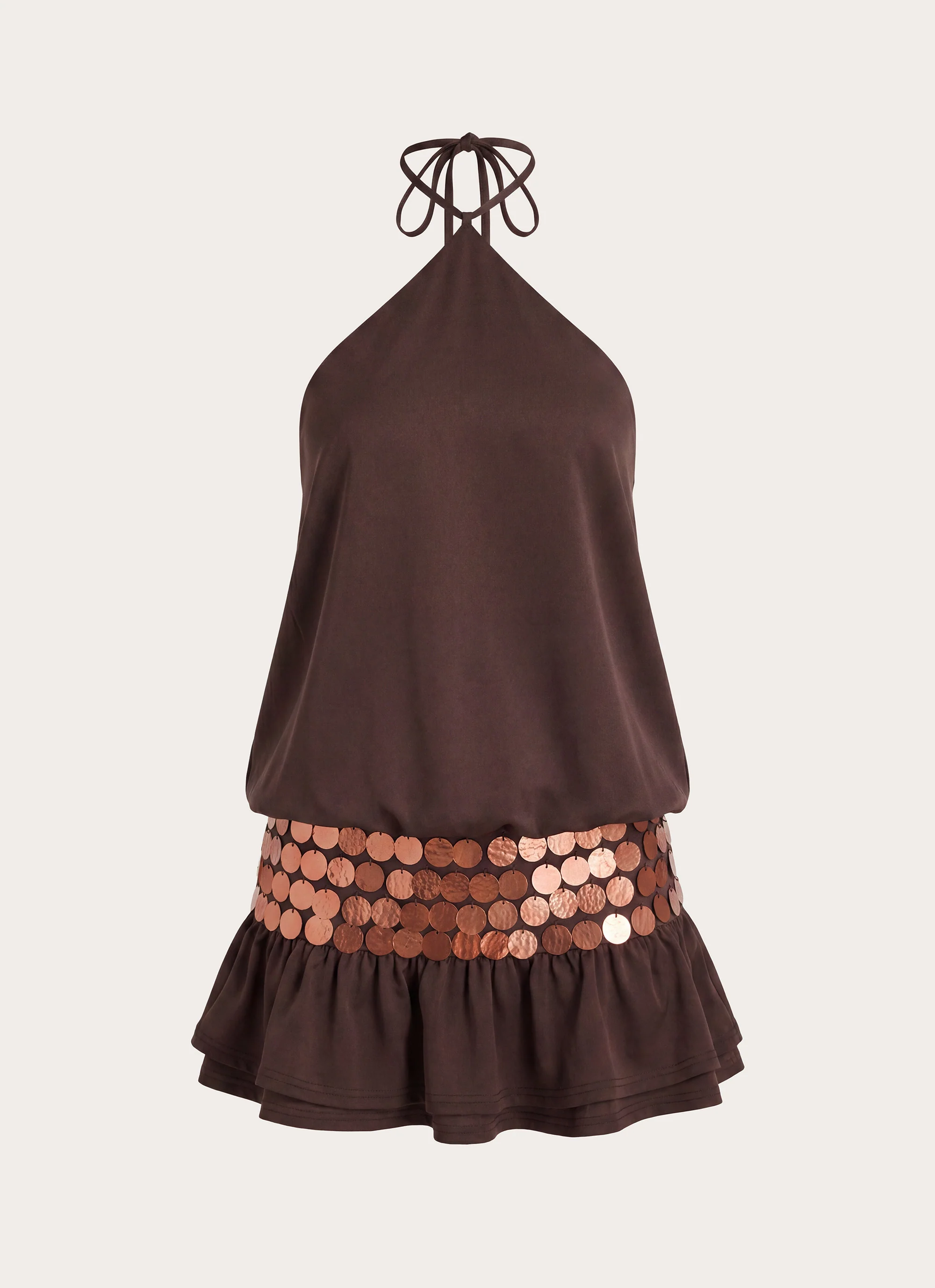 Melosa Beaded Halter Mini Dress - Chocolate - luluinthesky