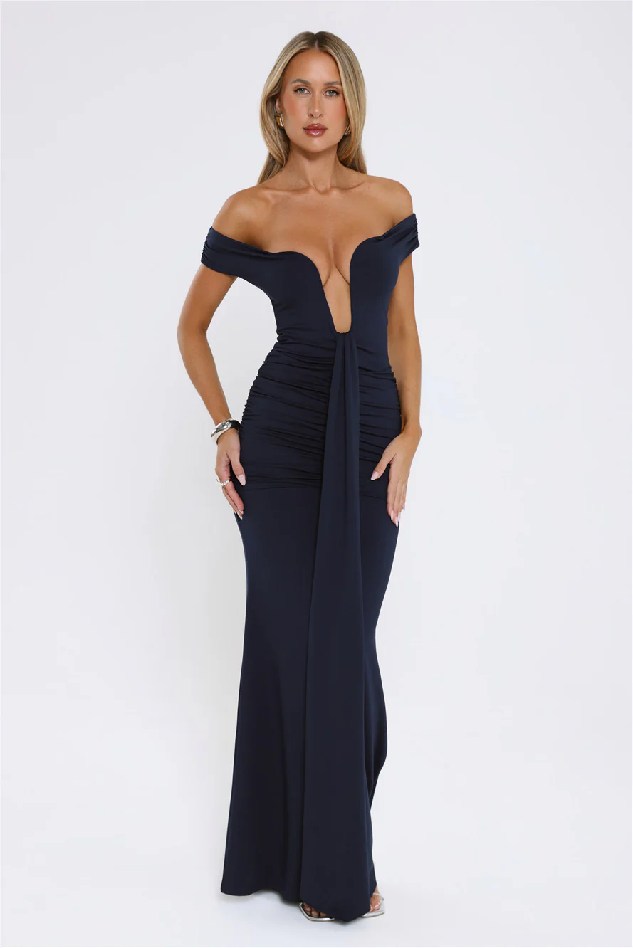 Chic Serenity Off Shoulder Maxi Dress Navy