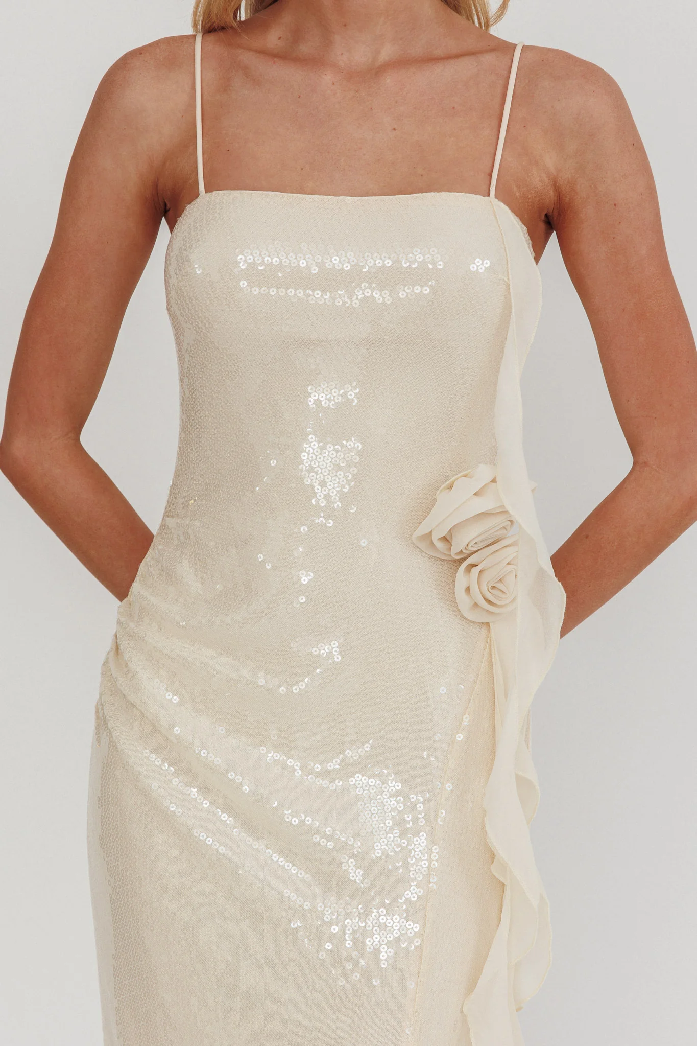 She Glows Cami Strap Sequin Maxi Dress Champagne - luluinthesky