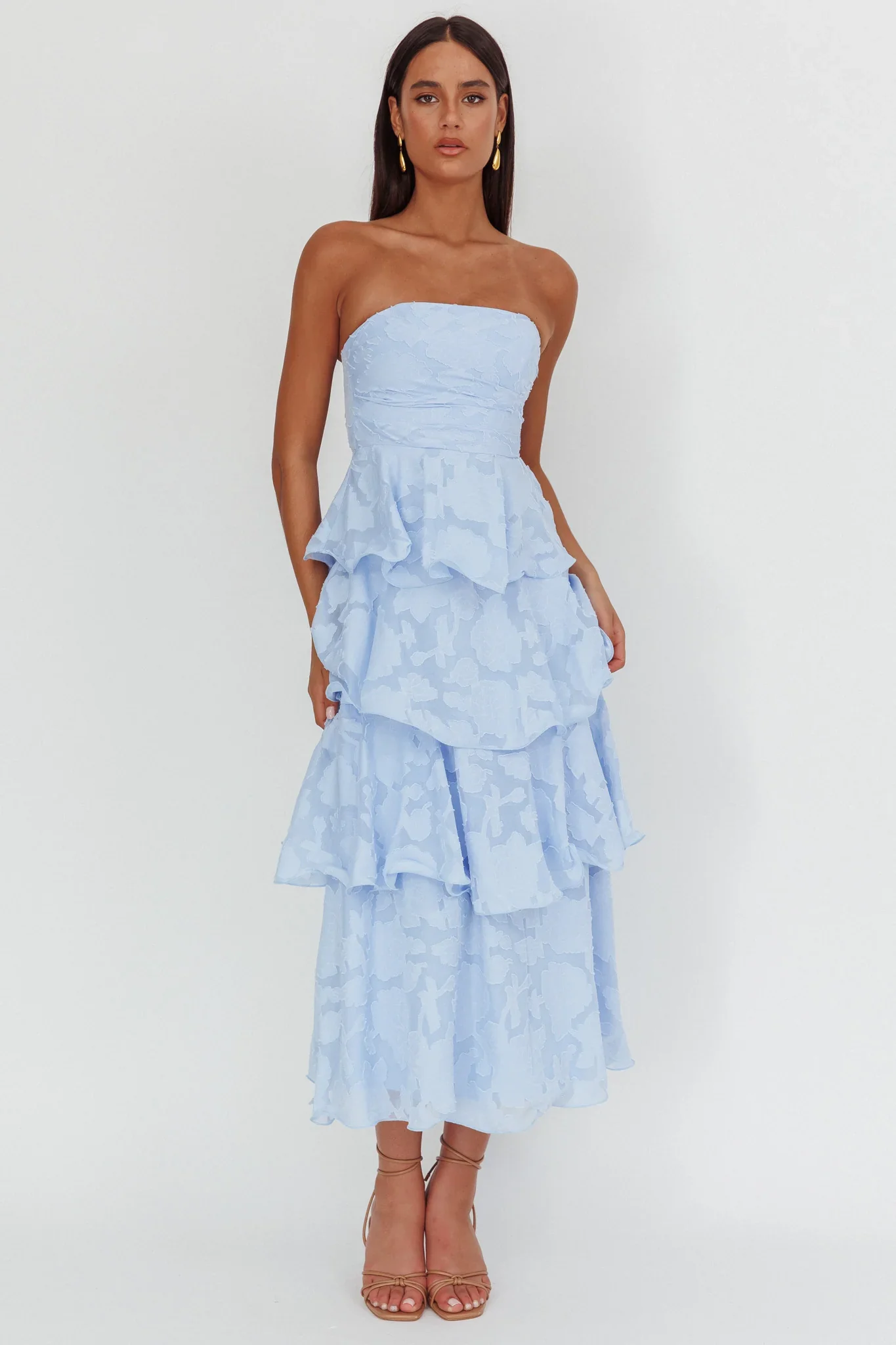 Giavana Strapless Layered Midi Dress Floral Embossed Blue
