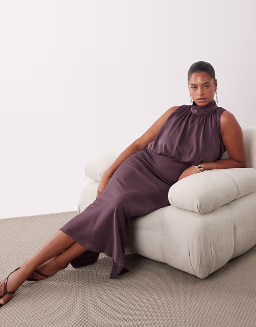 Curve halter neck blouson satin maxi dress in chocolate
