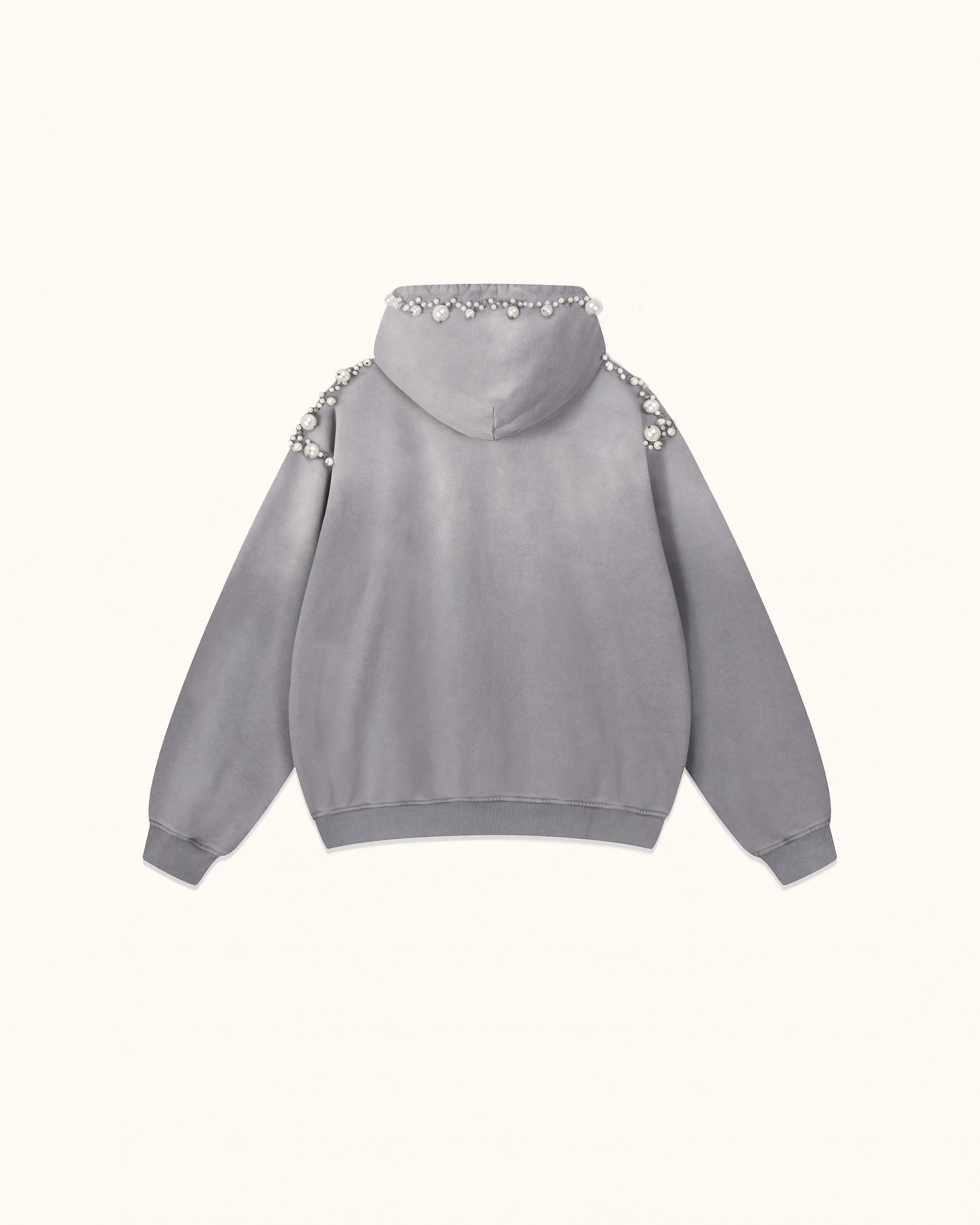 The Opulent Off-White Pearl Trim Hoodie - Washed Grey