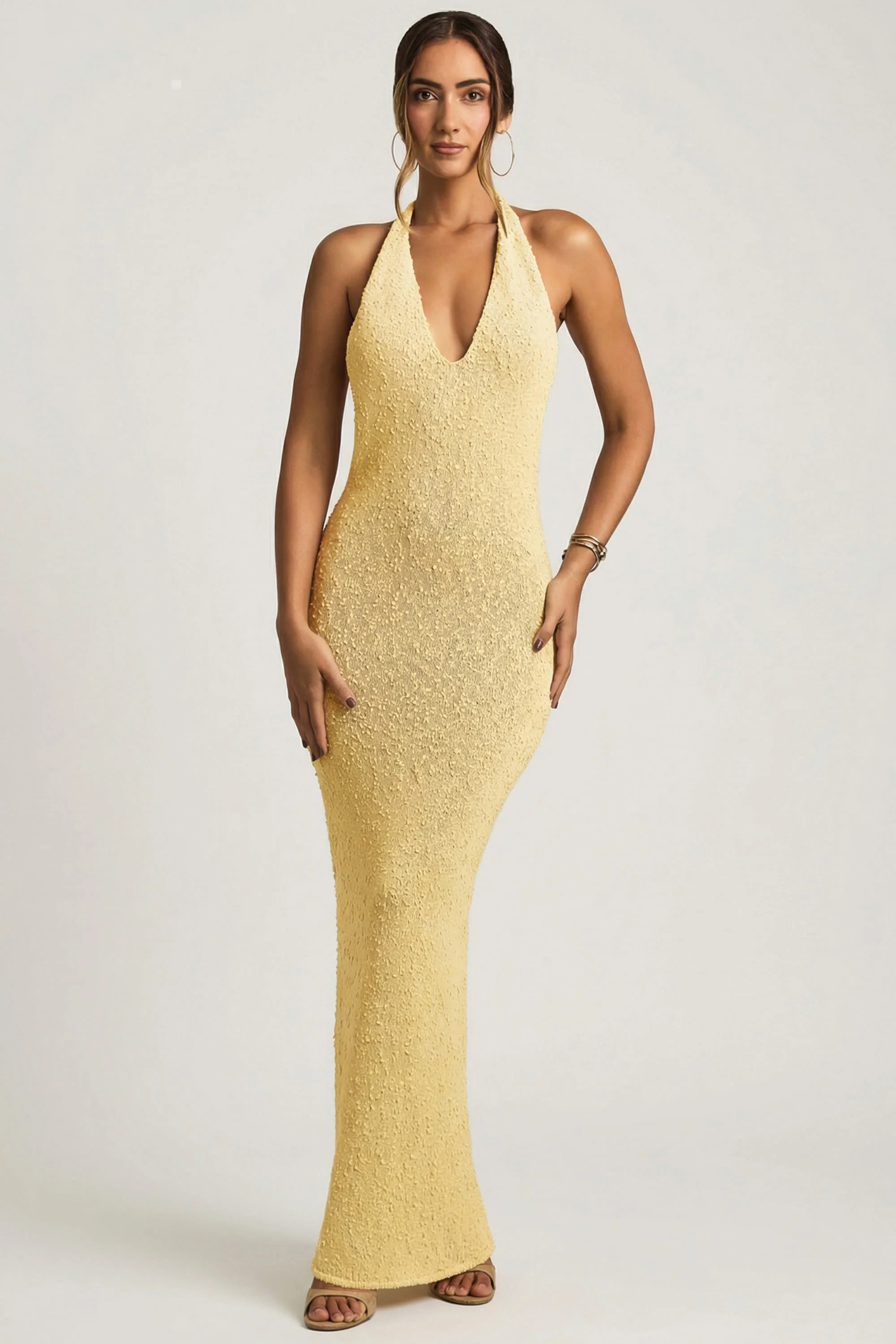 Bouclé Halterneck Maxi Dress in Yellow