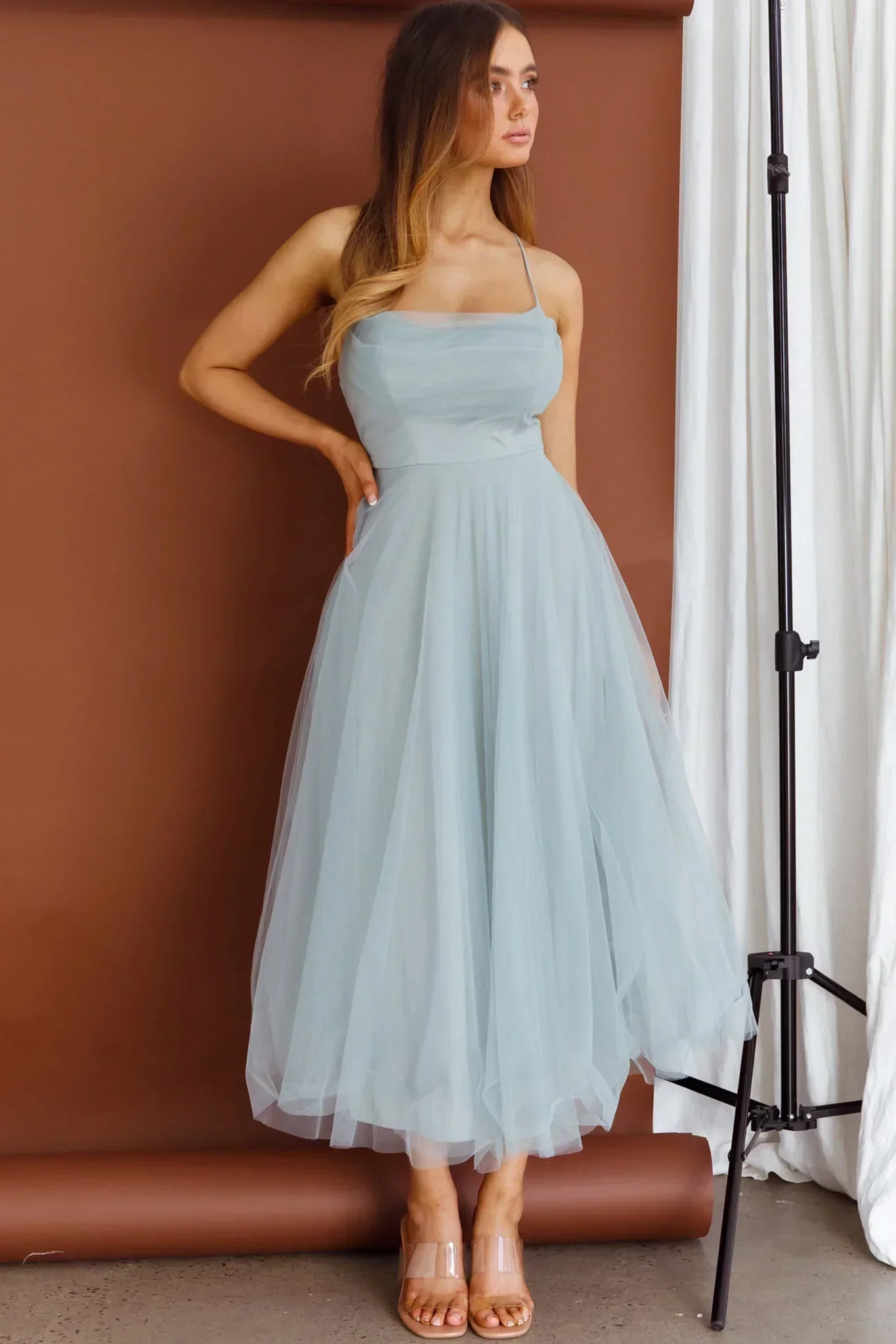 Floating By Pleated Neckline Mesh Midi Dress Sage