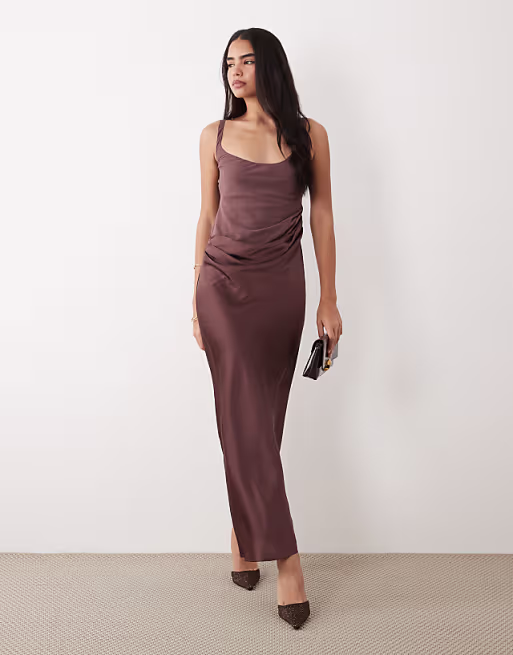 deep scoop neck midaxi dress with asymmetric draped skirt overlay in chocolate