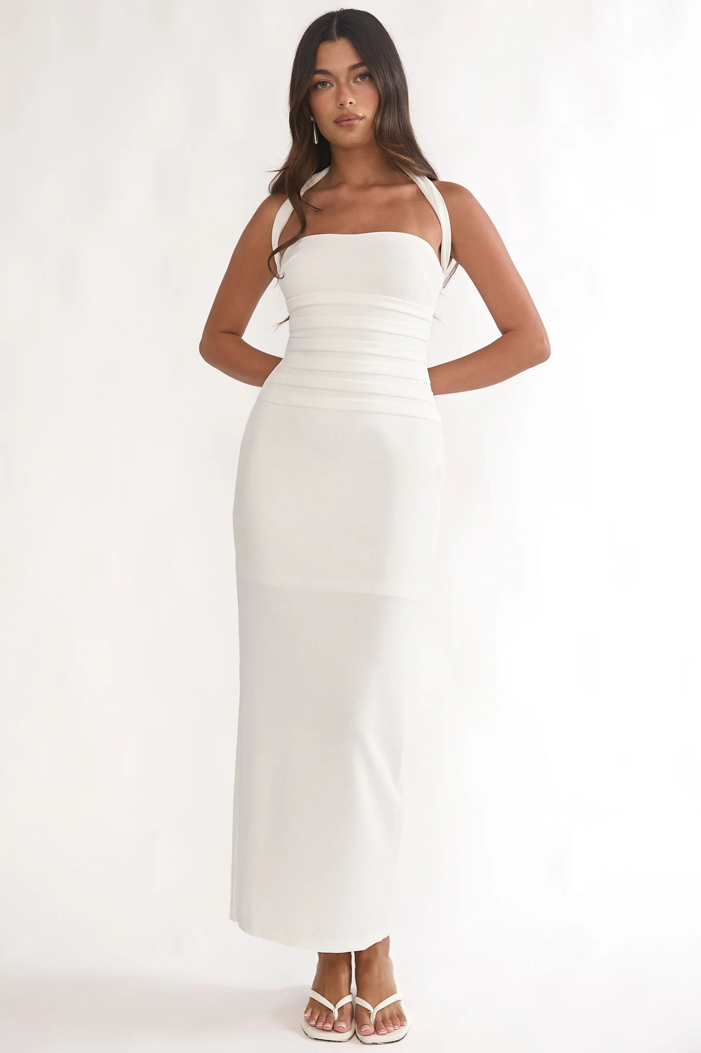 Fly Me To Paris Pleat Bodice Halterneck Maxi Dress White
