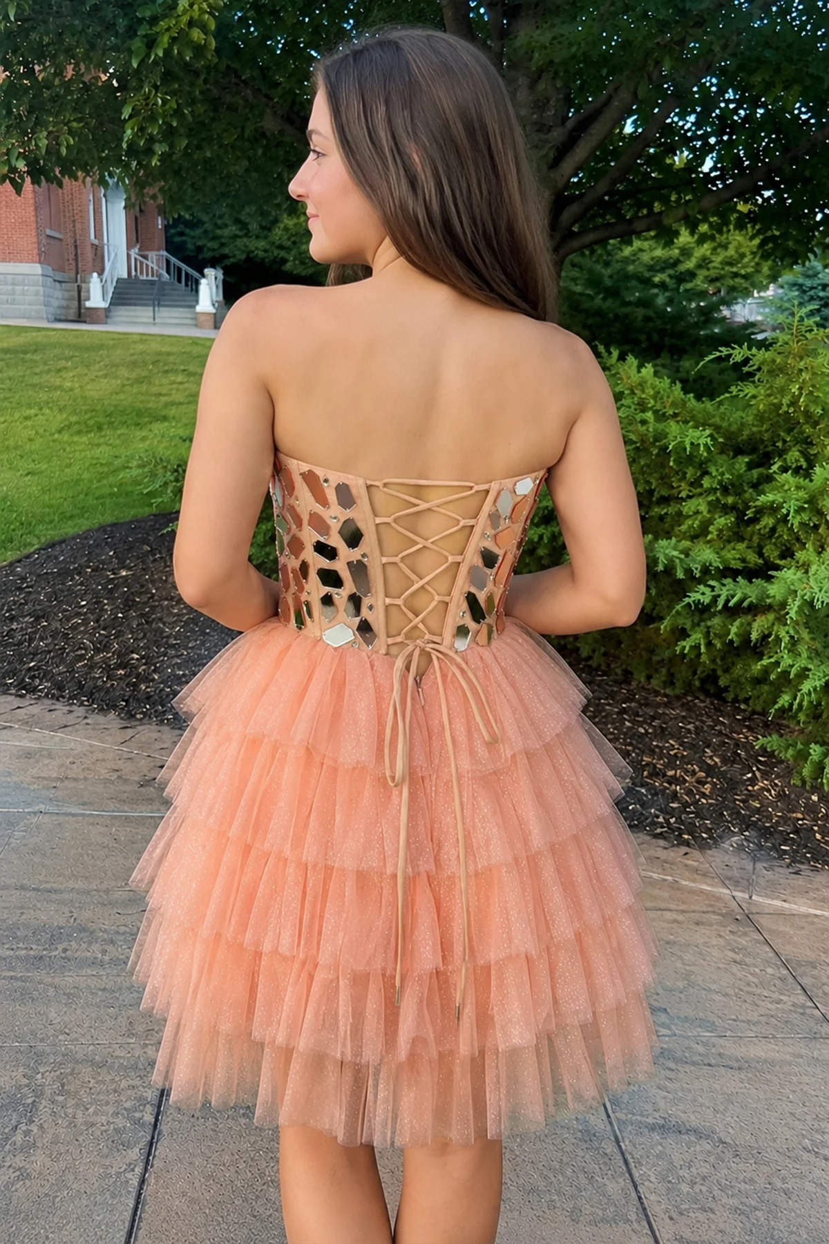 Sparkly Champagne Sweetheart A-Line Tulle Tiered Homecoming Dress