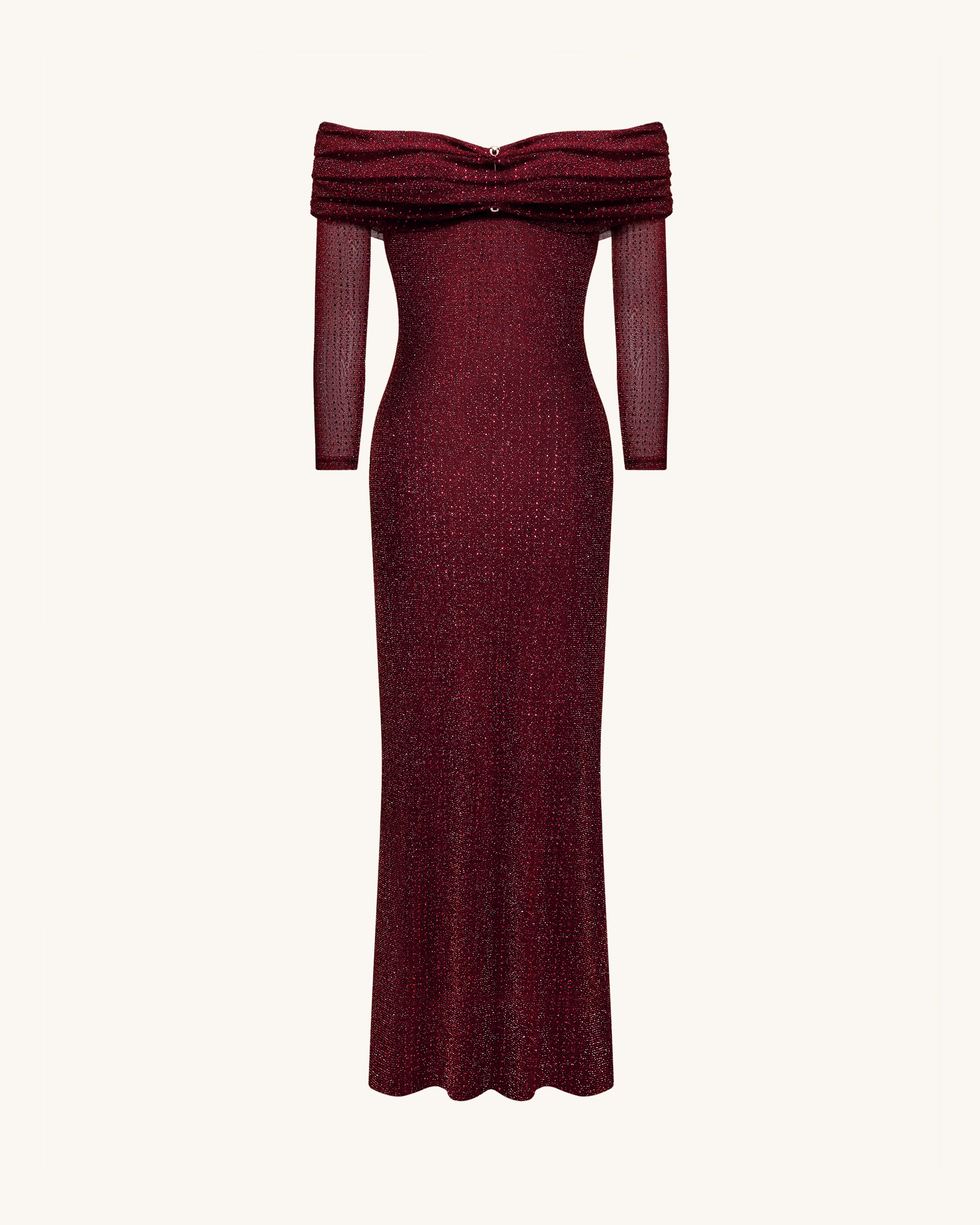 Rhinestone Mesh Off-Shoulder Maxi Dress - Claret - FASHION NOB