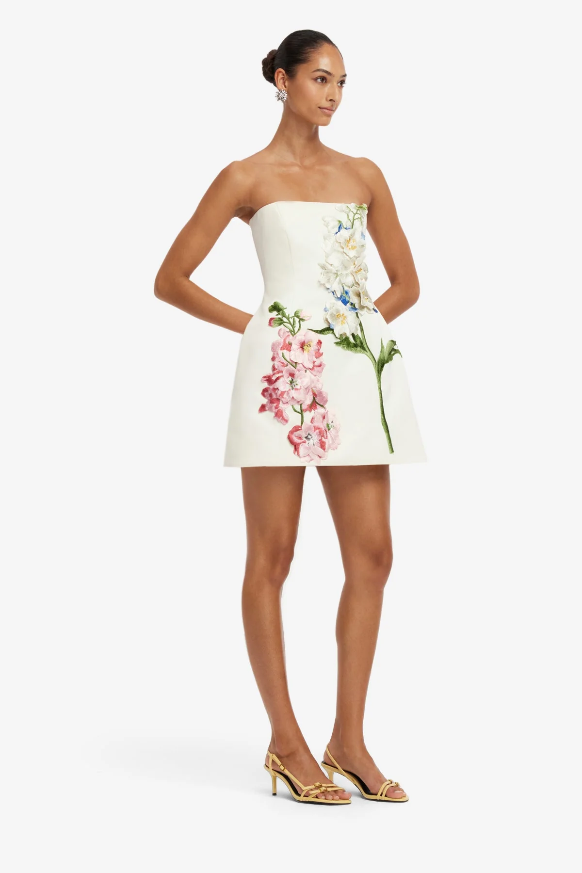 Roselle Embroidered Bustier Mini Dress - Snapdragon Print in Snow - luluinthesky