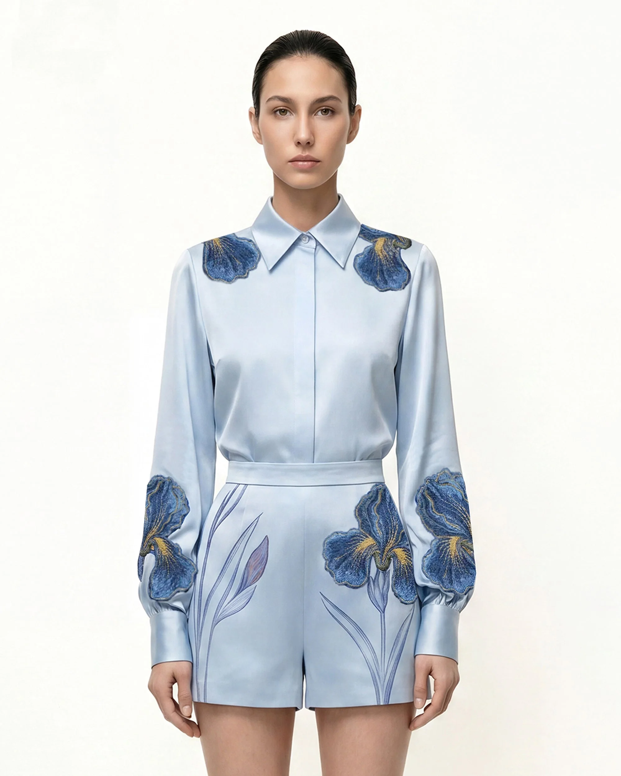 Iris Embroidered Collared Long Sleeve Shirt - Light Blue
