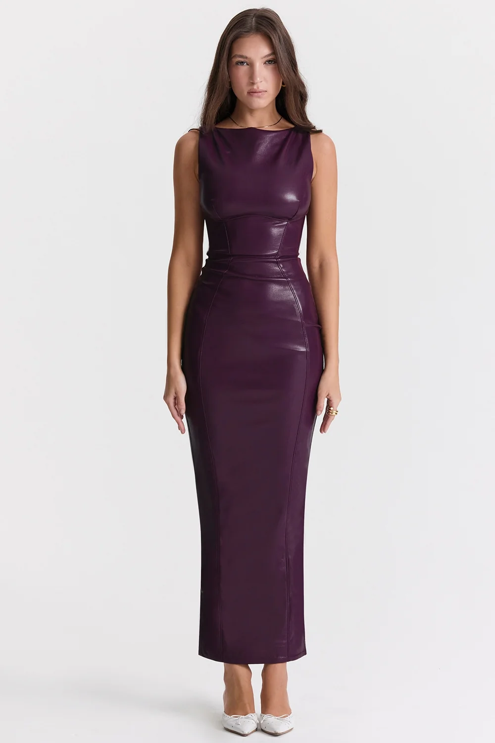 merlot vegan leather maxi dress