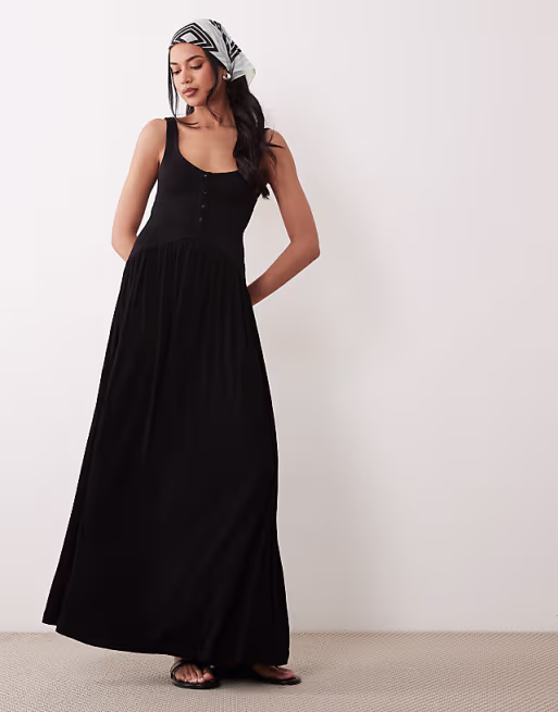 button up crinkle midaxi dress in black