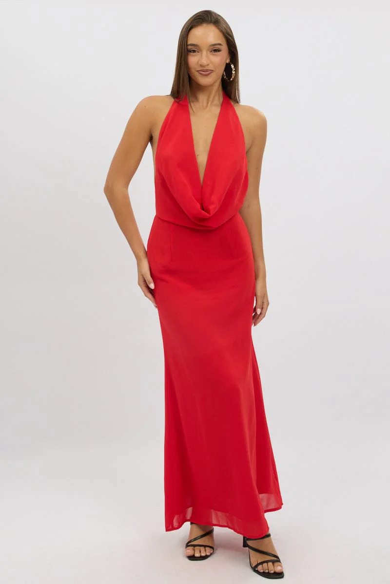 Red Cowl Neck Maxi Dress Chiffon
