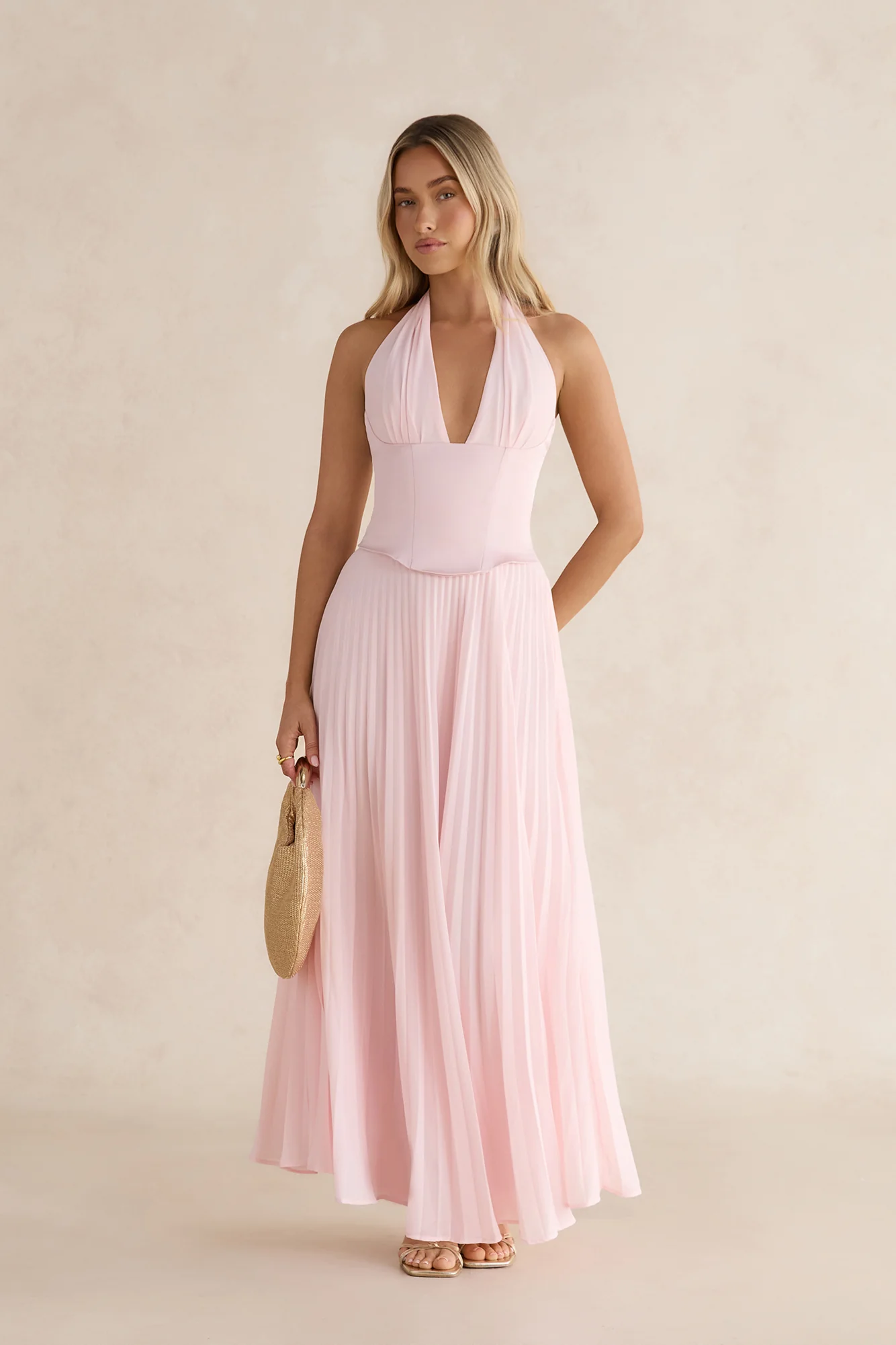 Paradise Falls Plisse Halter Maxi Dress Light Pink