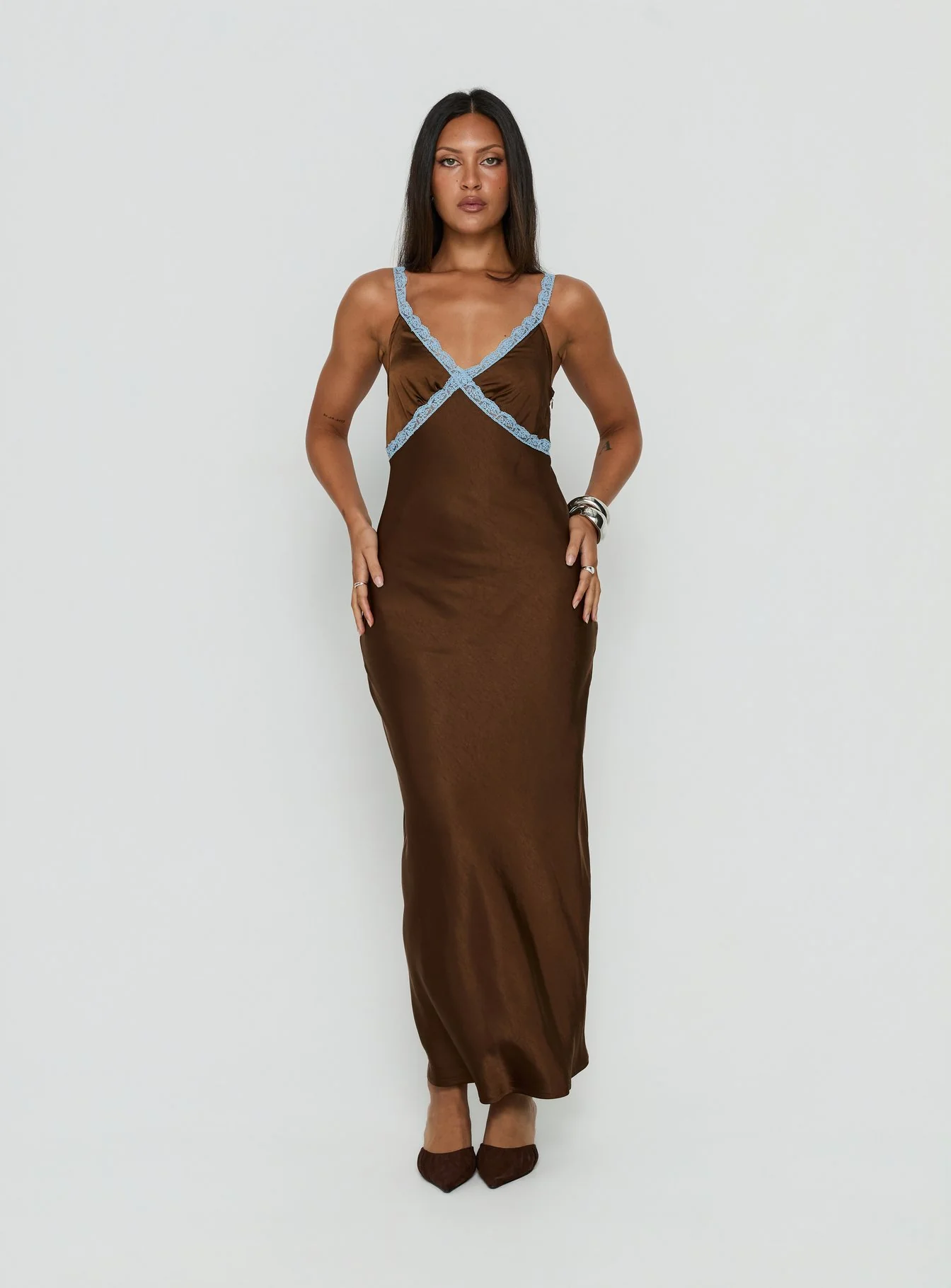 Carletta Lace Contrast Maxi Dress Brown / Blue