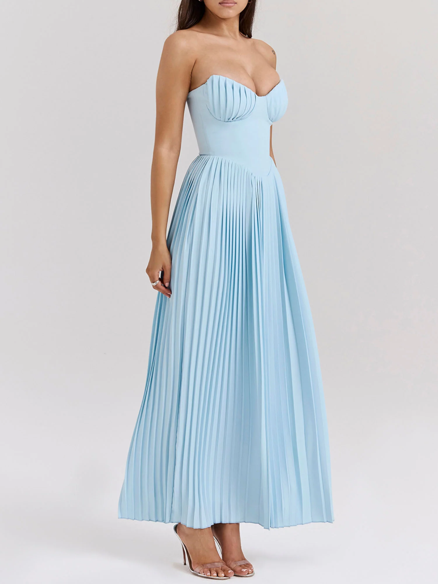 Pleated Strapless Sky Blue Maxi Dress